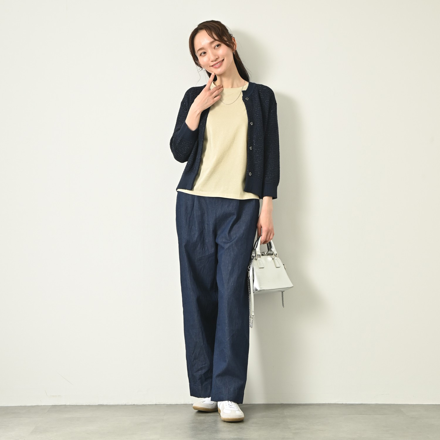 元町ゼラール コットン混リリヤーン ラメ入りツイード編 ニットカーディガン