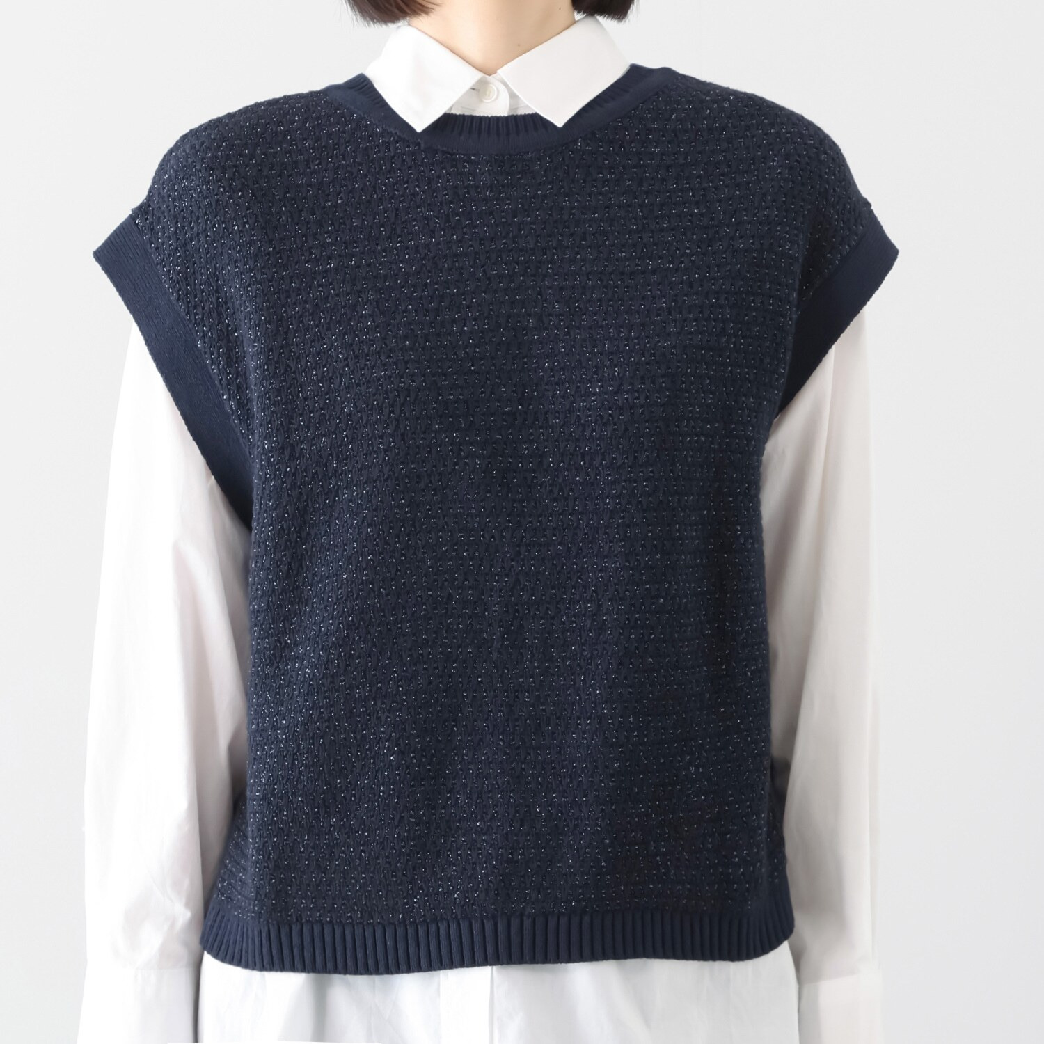 元町ゼラール コットン混リリヤーン ラメ入りツイード ２ウェイニットジレ