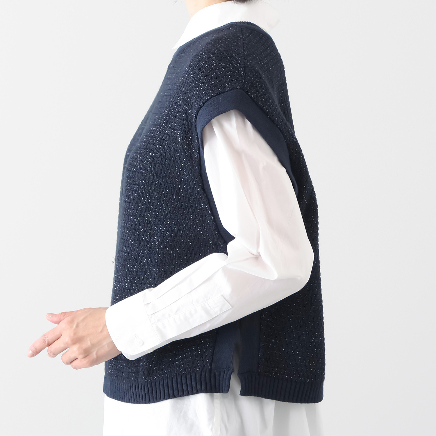 元町ゼラール コットン混リリヤーン ラメ入りツイード ２ウェイニットジレ