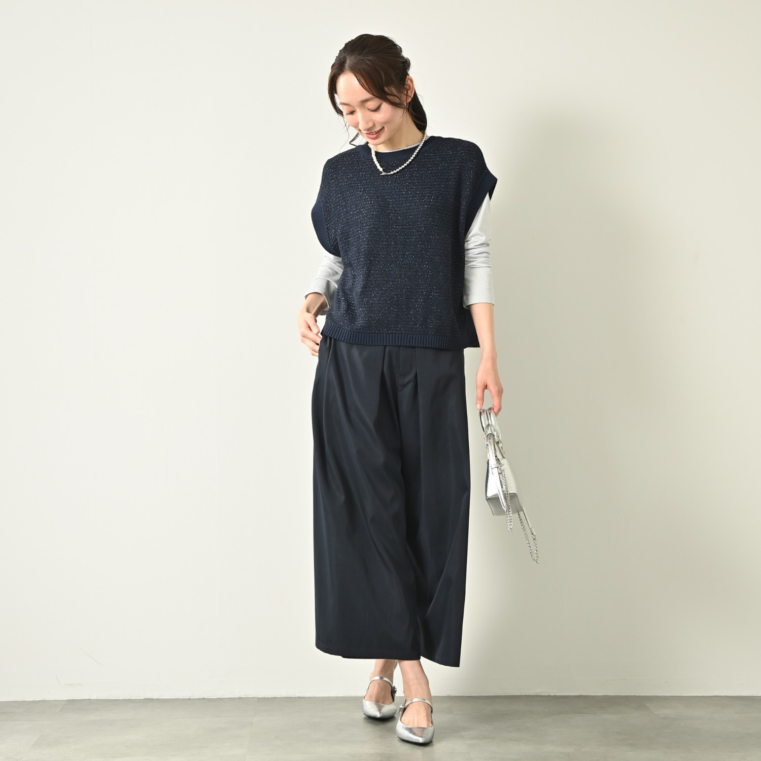 元町ゼラール コットン混リリヤーン ラメ入りツイード ２ウェイニットジレ