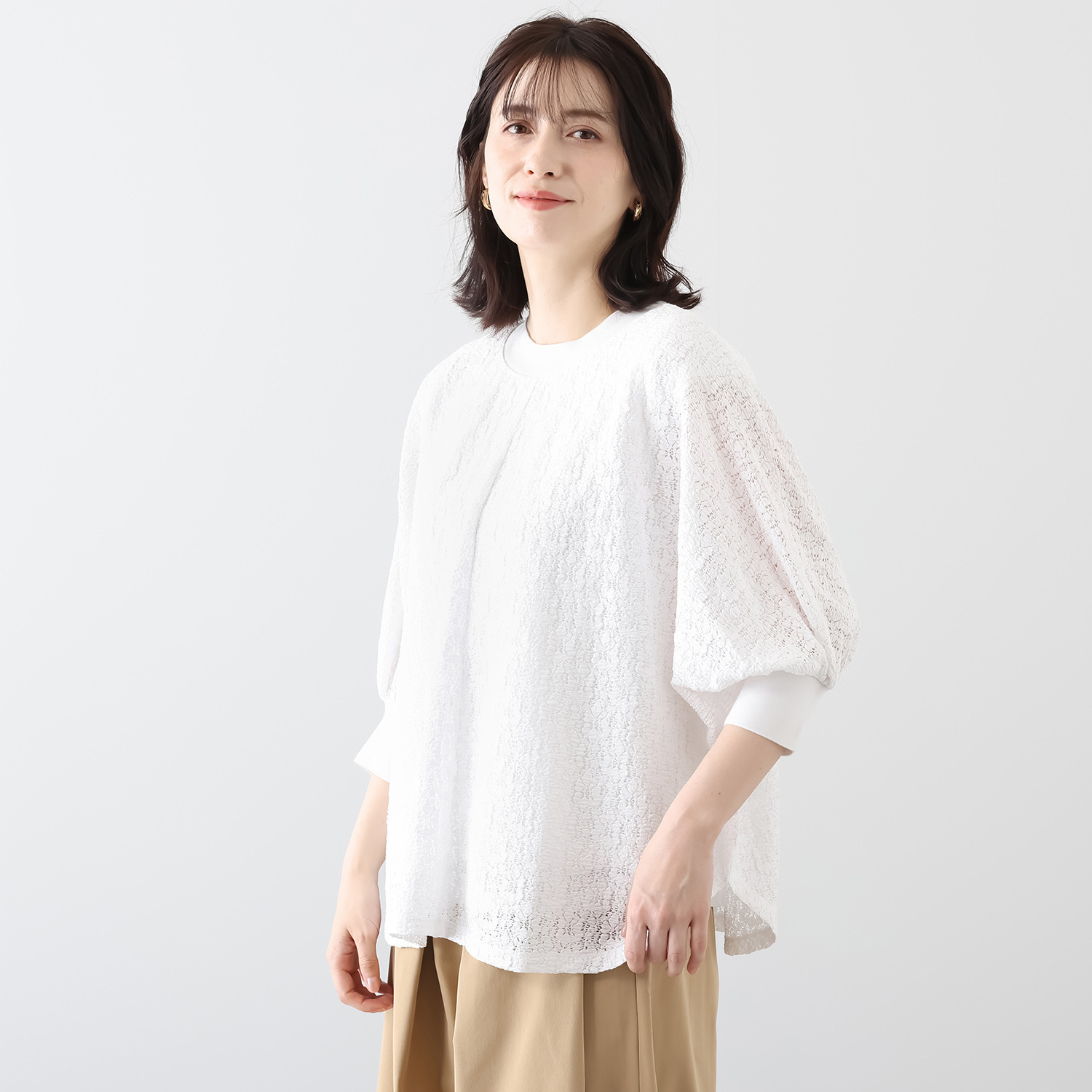 元町ゼラール ストレッチレース ニットリブコンビ ドルマンスリーブ プルオーバー