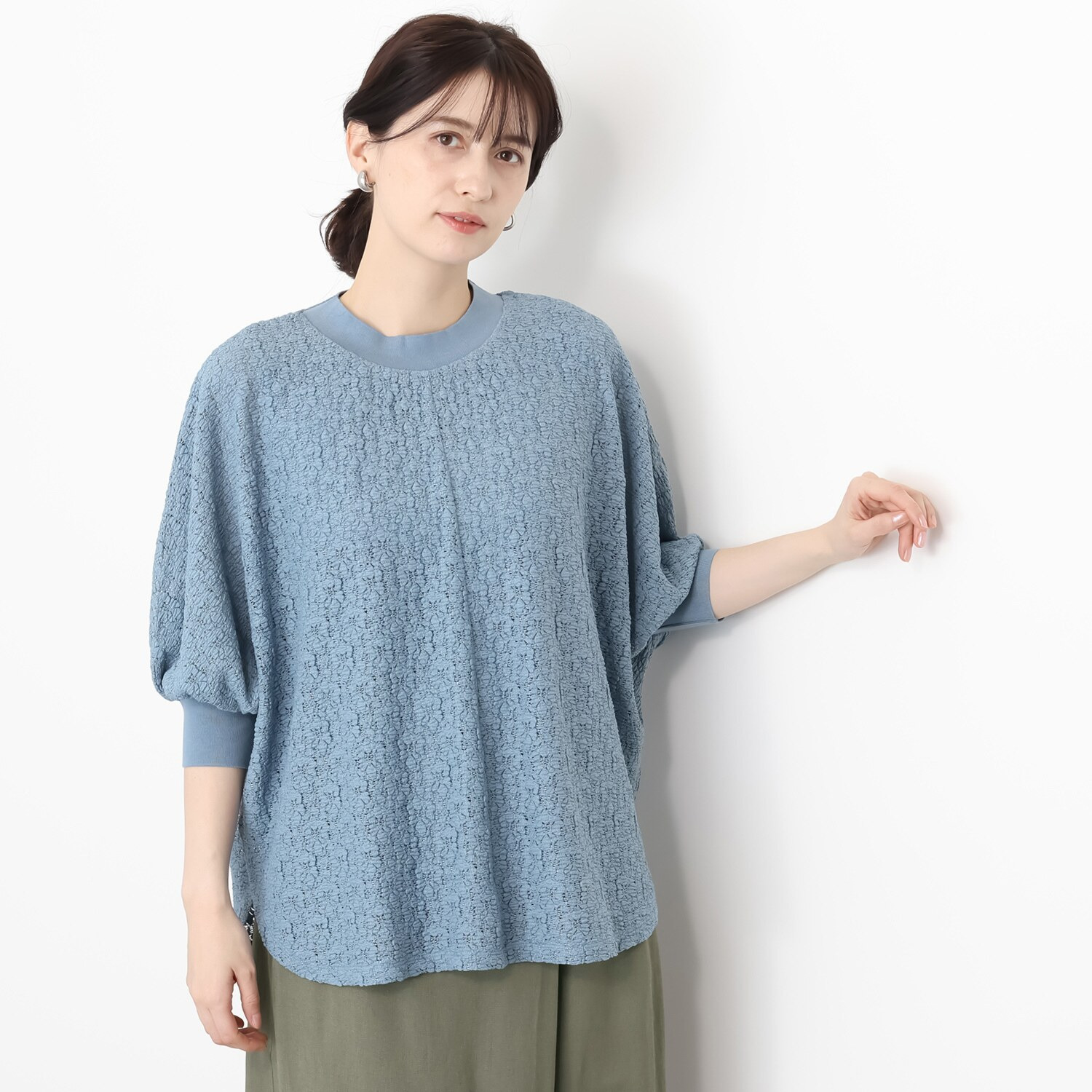 元町ゼラール ストレッチレース ニットリブコンビ ドルマンスリーブ プルオーバー