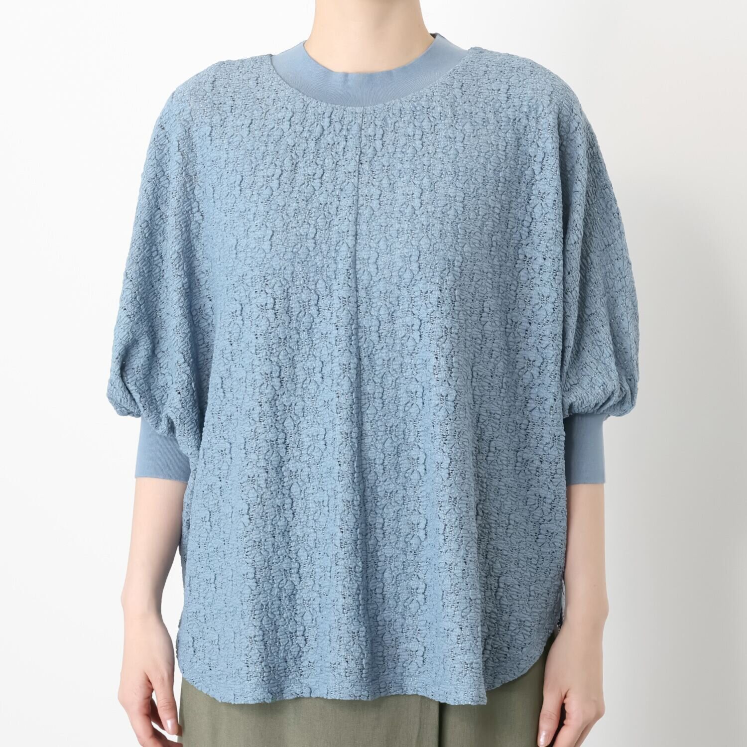 元町ゼラール ストレッチレース ニットリブコンビ ドルマンスリーブ プルオーバー