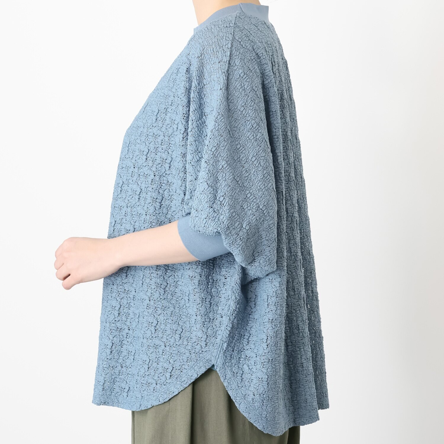 元町ゼラール ストレッチレース ニットリブコンビ ドルマンスリーブ プルオーバー