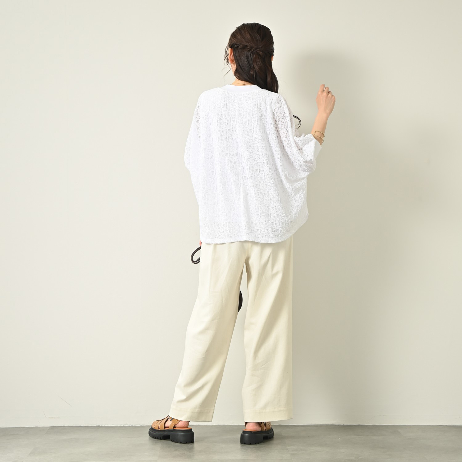 元町ゼラール ストレッチレース ニットリブコンビ ドルマンスリーブ プルオーバー