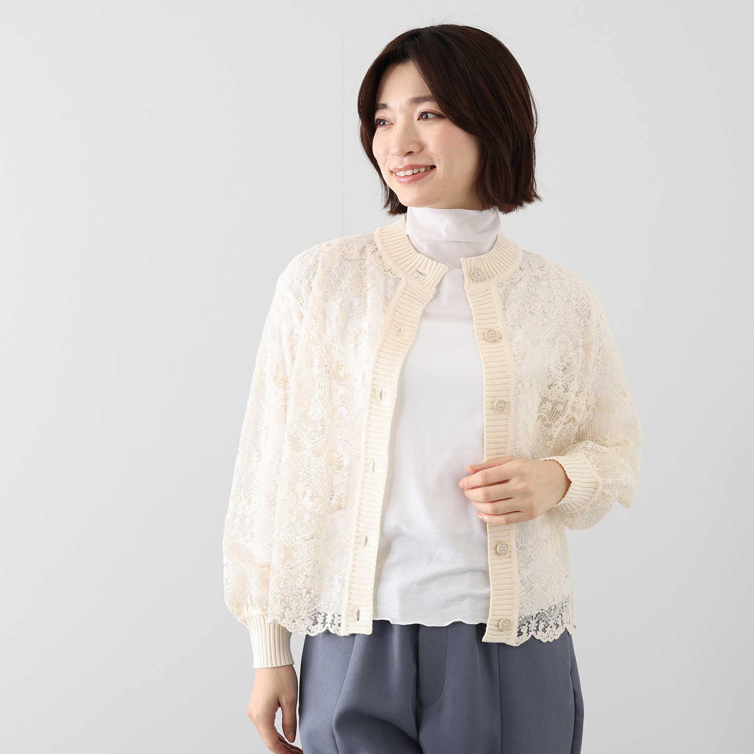 アトリエ　クース 日常を華やかに彩る スカラップレース× ニット カーディガン