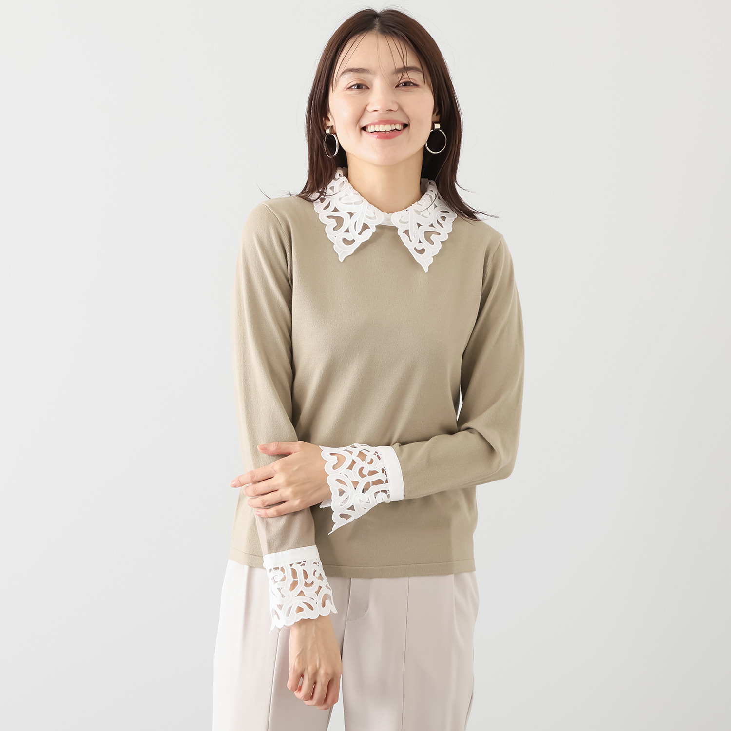 アペーナ バイカラー オリジナルレース アクセント ニットプルオーバー