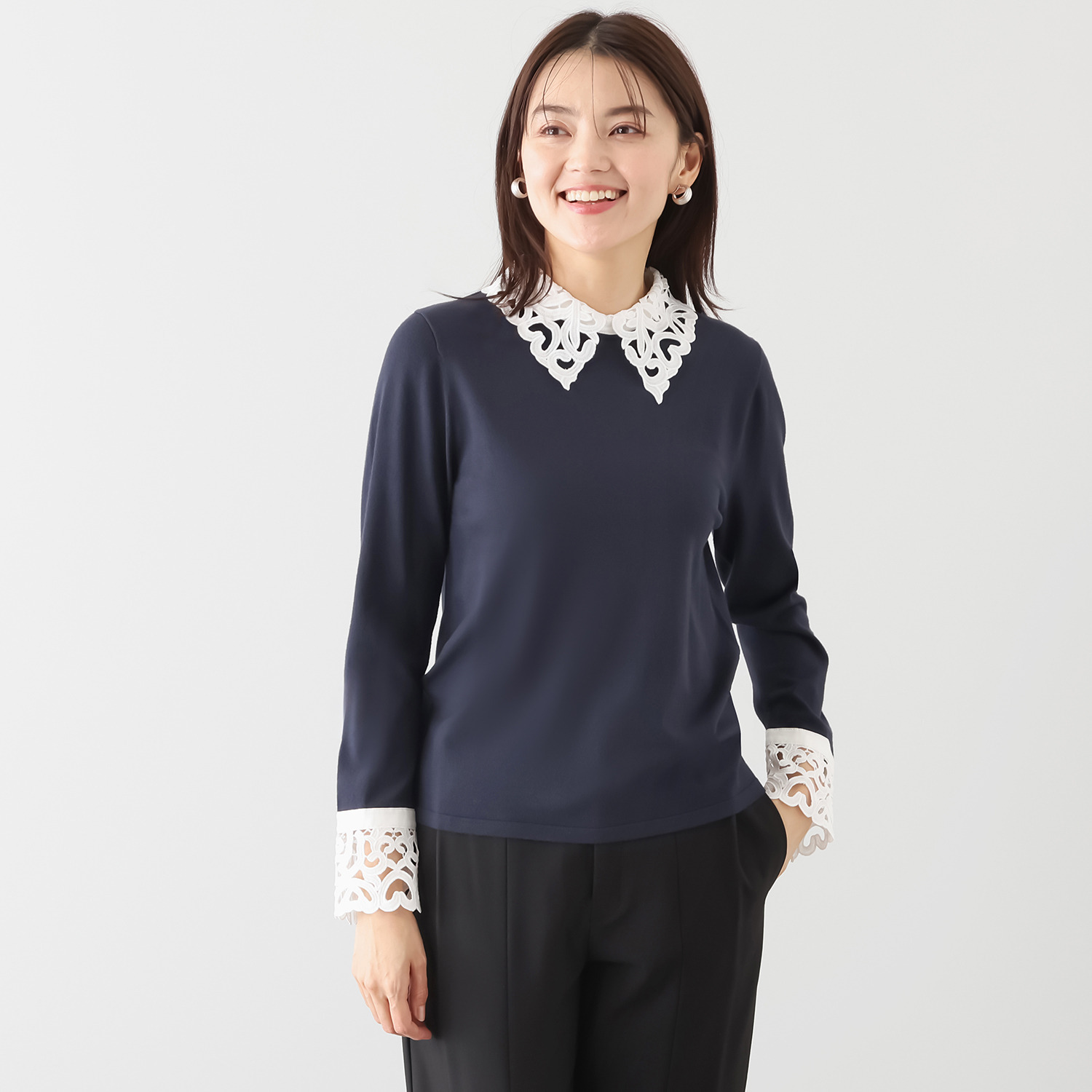 アペーナ バイカラー オリジナルレース アクセント ニットプルオーバー