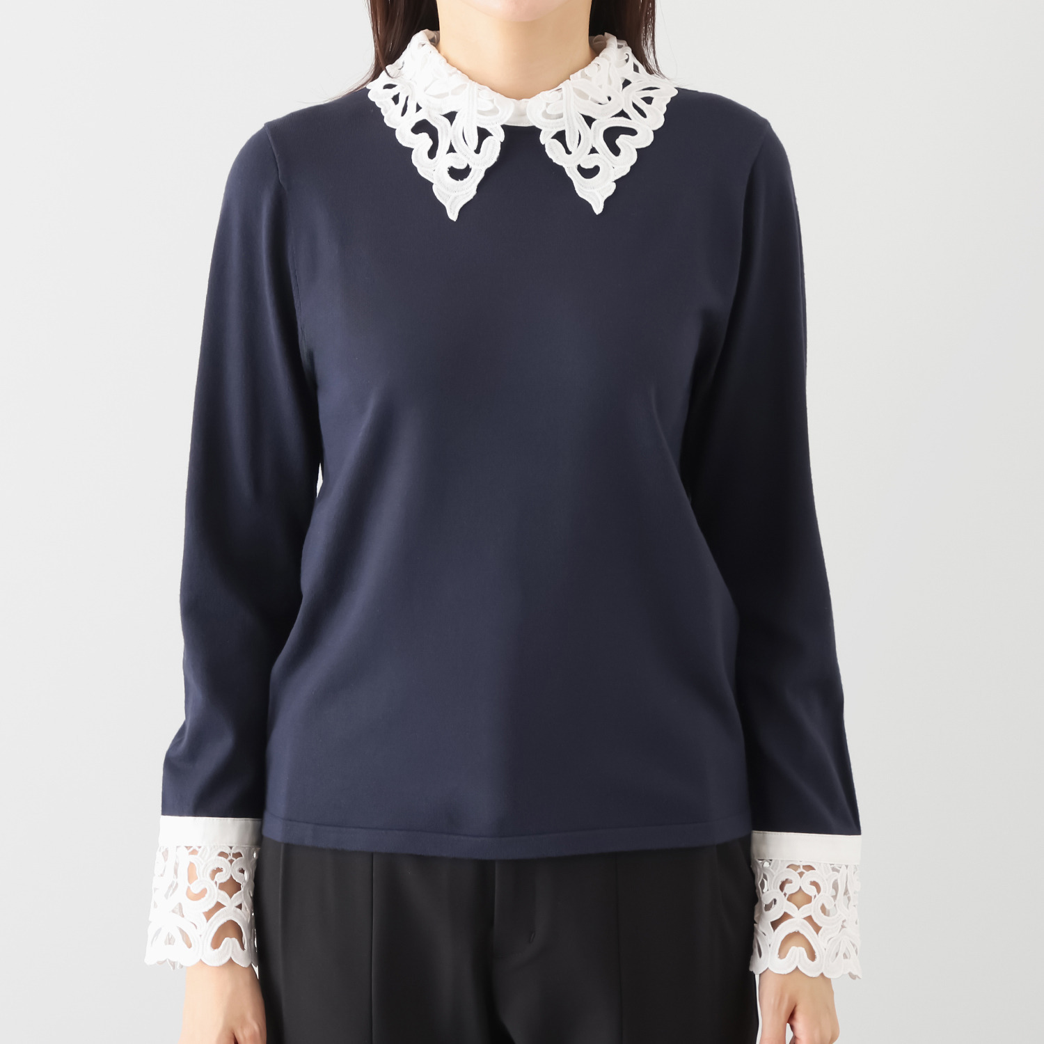 アペーナ バイカラー オリジナルレース アクセント ニットプルオーバー