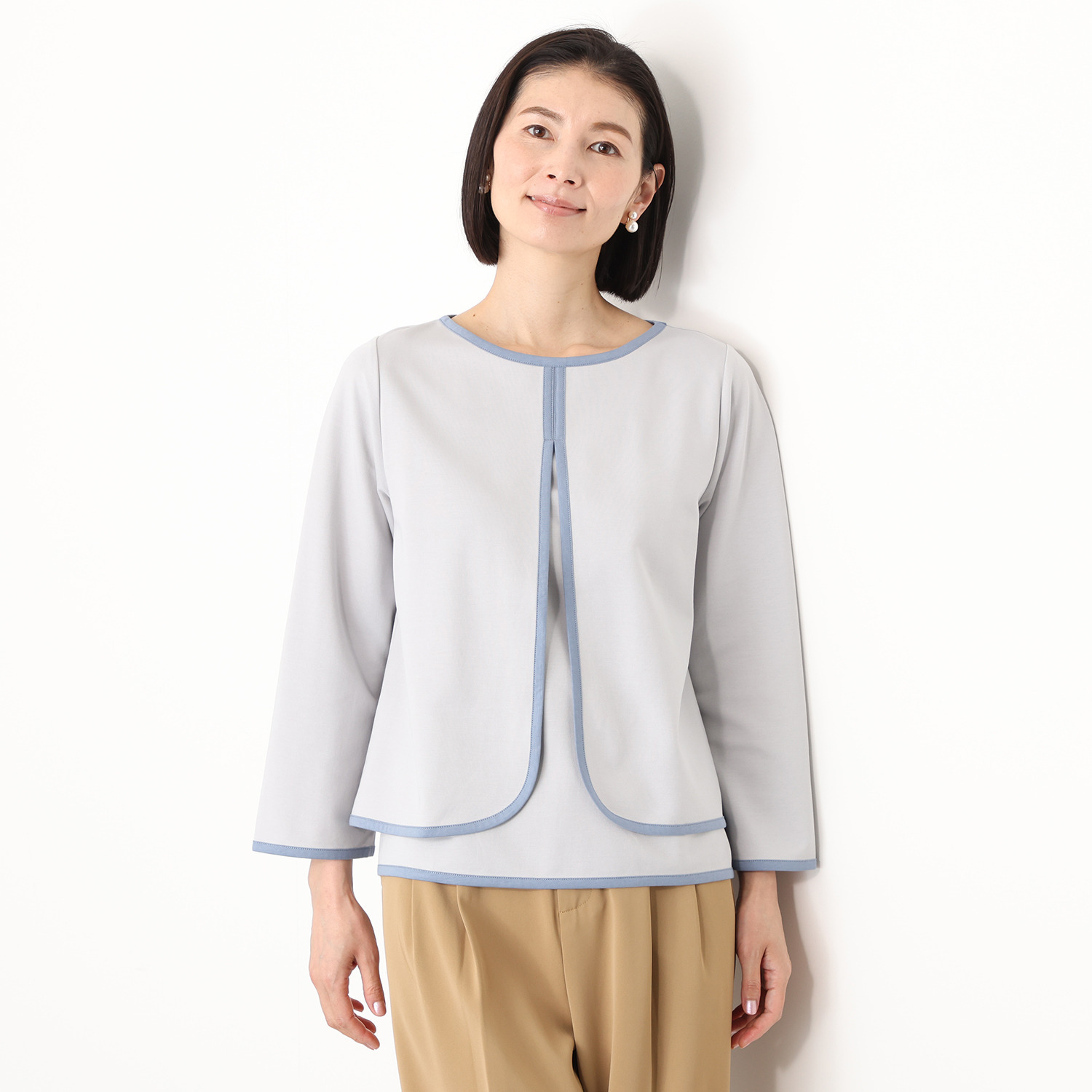 バーチ　ドゥエ コットンブレンドポンチ 配色アクセント アンサンブル風レイヤード プルオーバー