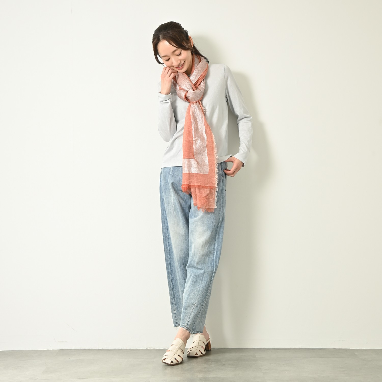 ティエドゥール 内モンゴル産 梳毛カシミヤ× コットンラミー 箔プリントストール