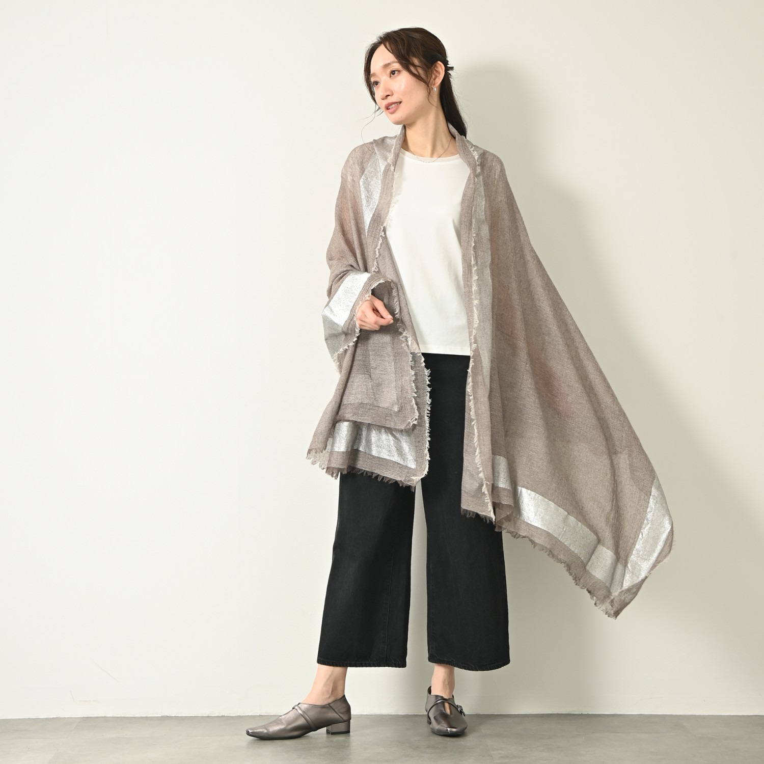 ティエドゥール 内モンゴル産 梳毛カシミヤ× コットンラミー 箔プリントストール