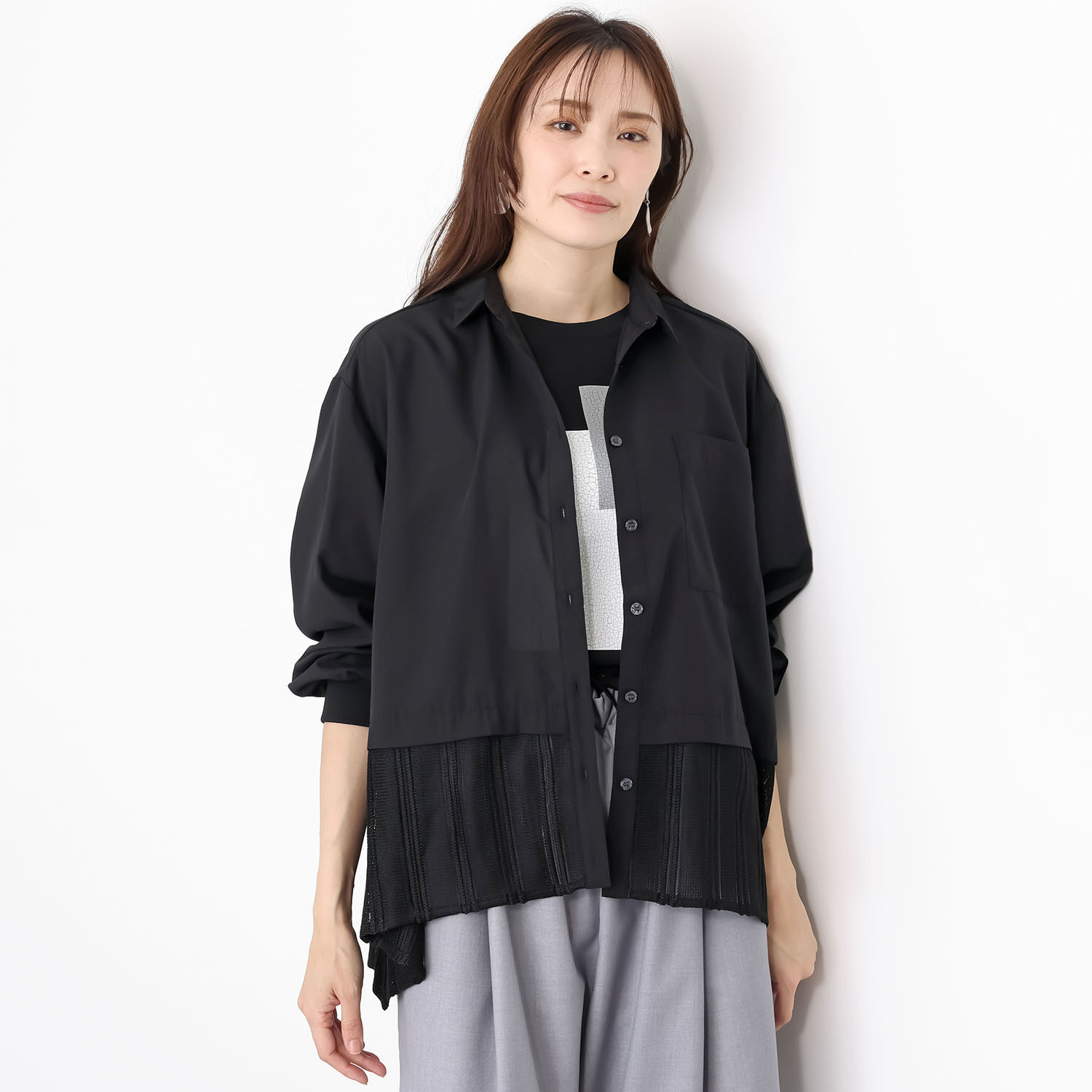 ヨウゾウカタブキ ストライプレース ドッキングシャツ