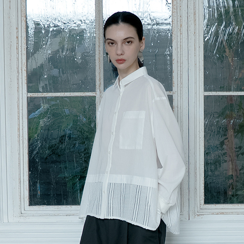 ヨウゾウカタブキ ストライプレース ドッキングシャツ