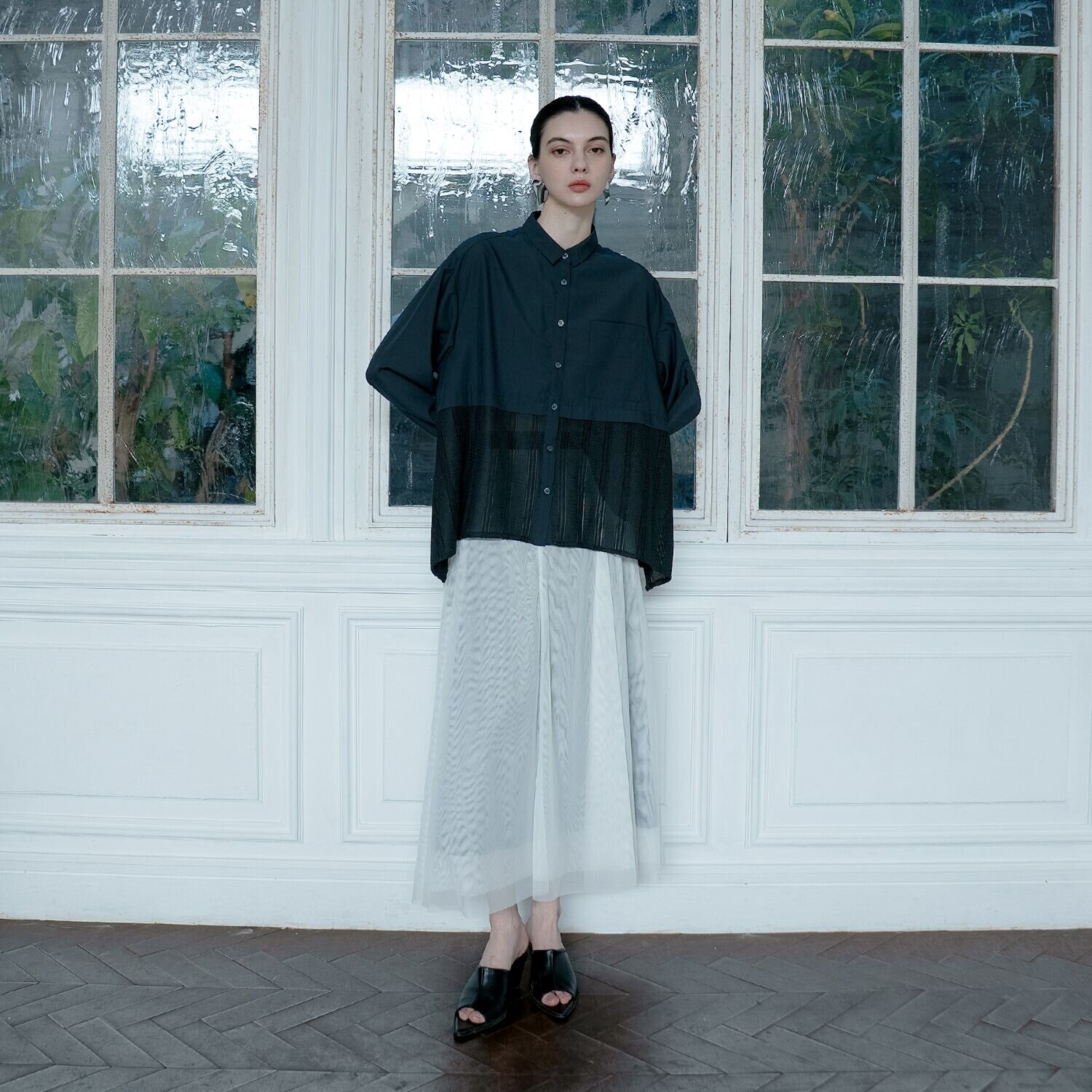 ヨウゾウカタブキ ストライプレース ドッキングシャツ