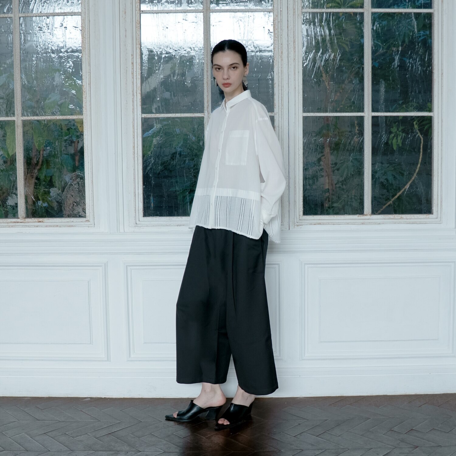 ヨウゾウカタブキ ダブルウエスト 配色アクセント イージーワイドパンツ