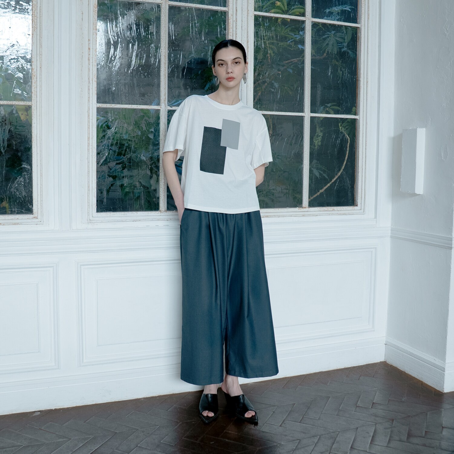 ヨウゾウカタブキ ダブルウエスト 配色アクセント イージーワイドパンツ