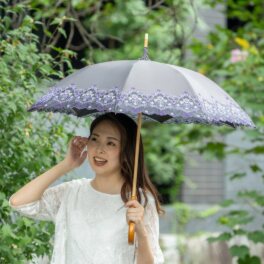 シノワズリーモダン 女優日傘 ダマスク カットワーク刺しゅう かわず張り 晴雨兼用長傘