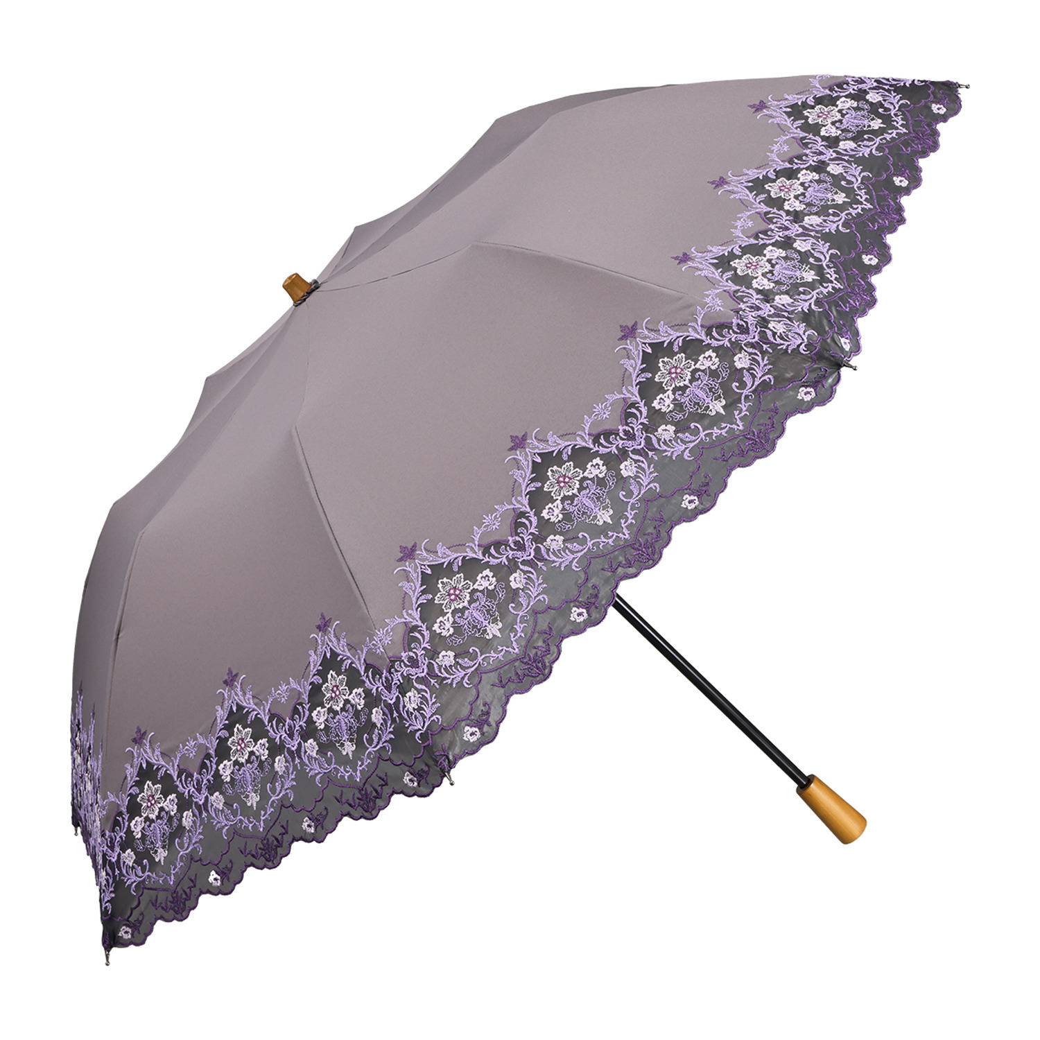 シノワズリーモダン 女優日傘 ダマスク カットワーク刺しゅう かわず張り　晴雨兼用 ショート折りたたみ傘