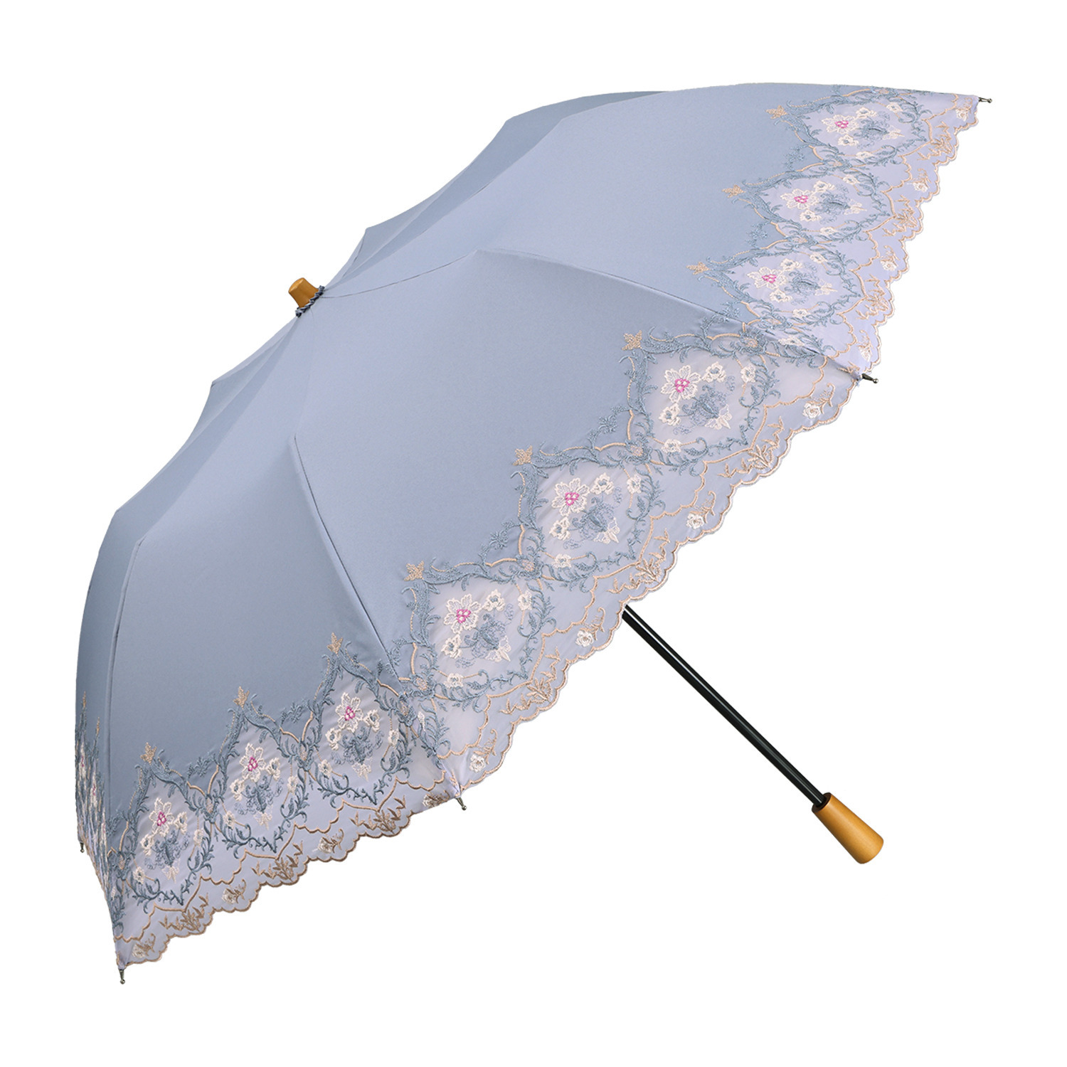 シノワズリーモダン 女優日傘 ダマスク カットワーク刺しゅう かわず張り　晴雨兼用 ショート折りたたみ傘