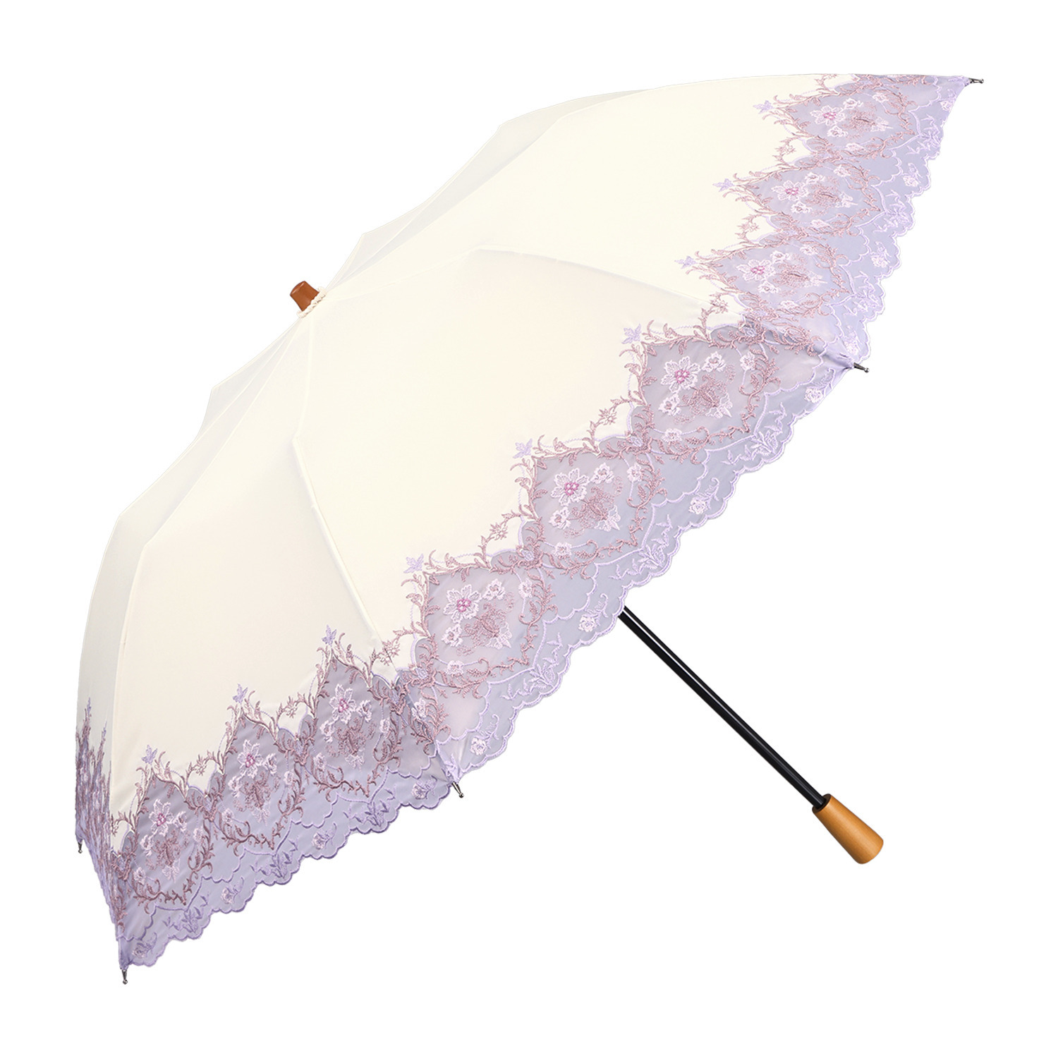 シノワズリーモダン 女優日傘 ダマスク カットワーク刺しゅう かわず張り　晴雨兼用 ショート折りたたみ傘