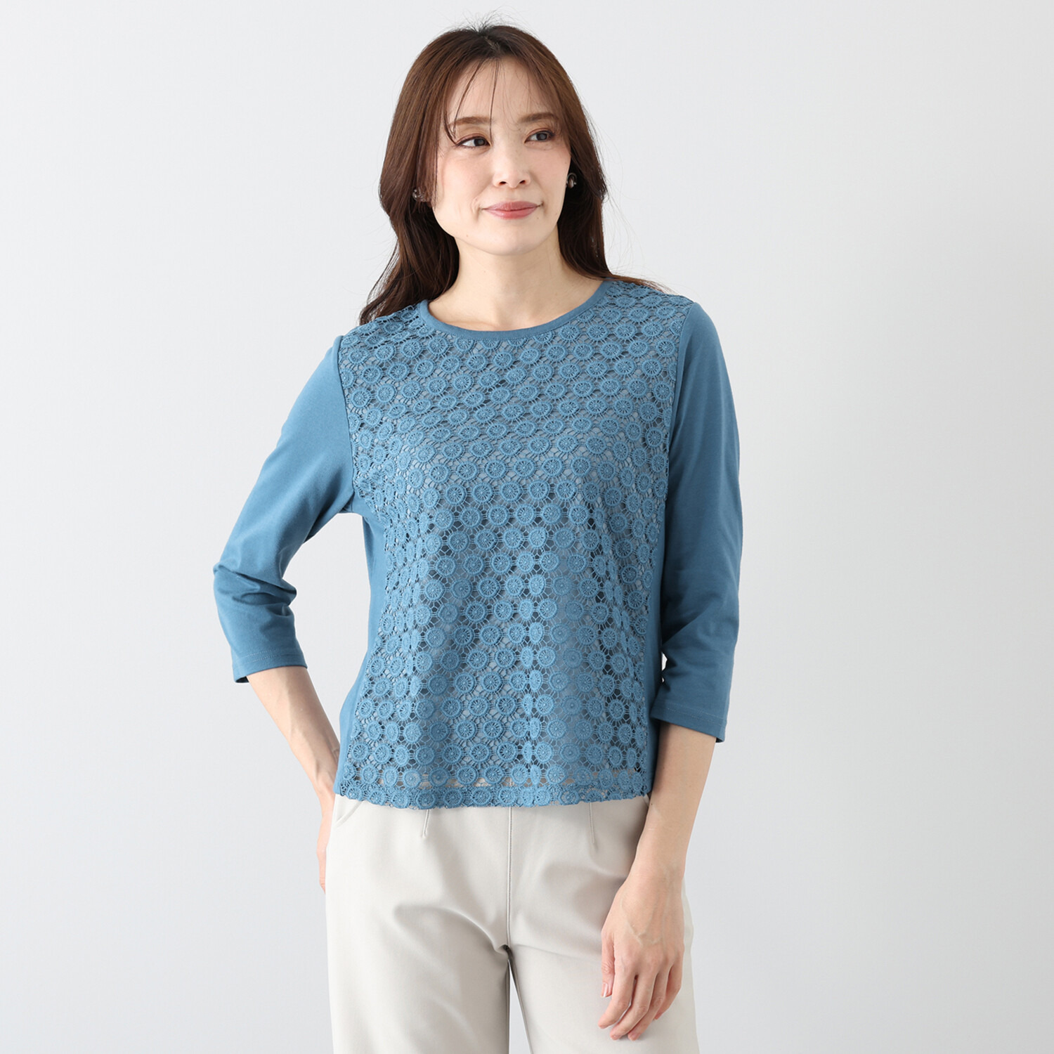 メゾン馬里邑 オーナメント カットワークレース 異素材切替プルオーバー