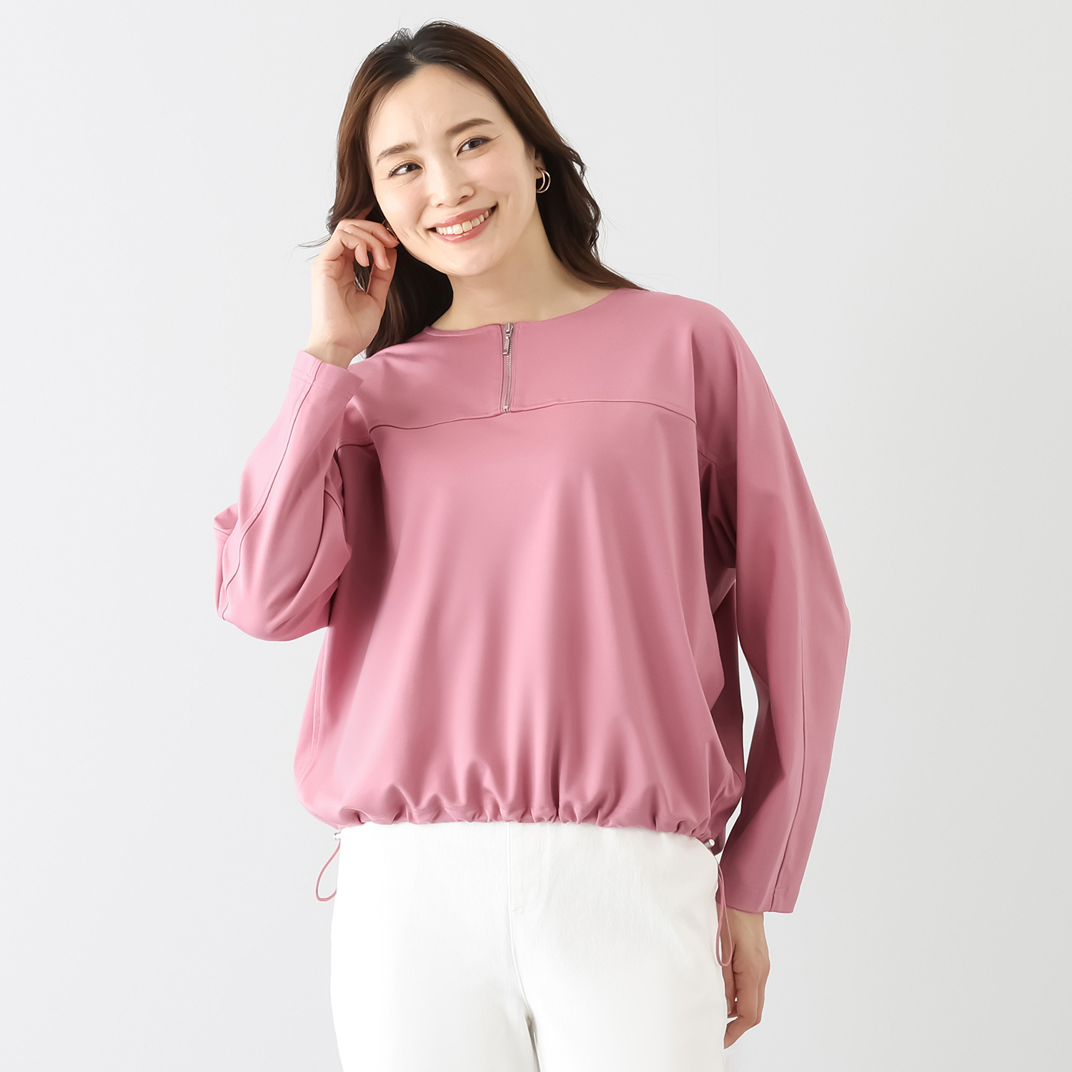 シーン ジップアクセント やわらか肌触り ドルマンスリーブトップス