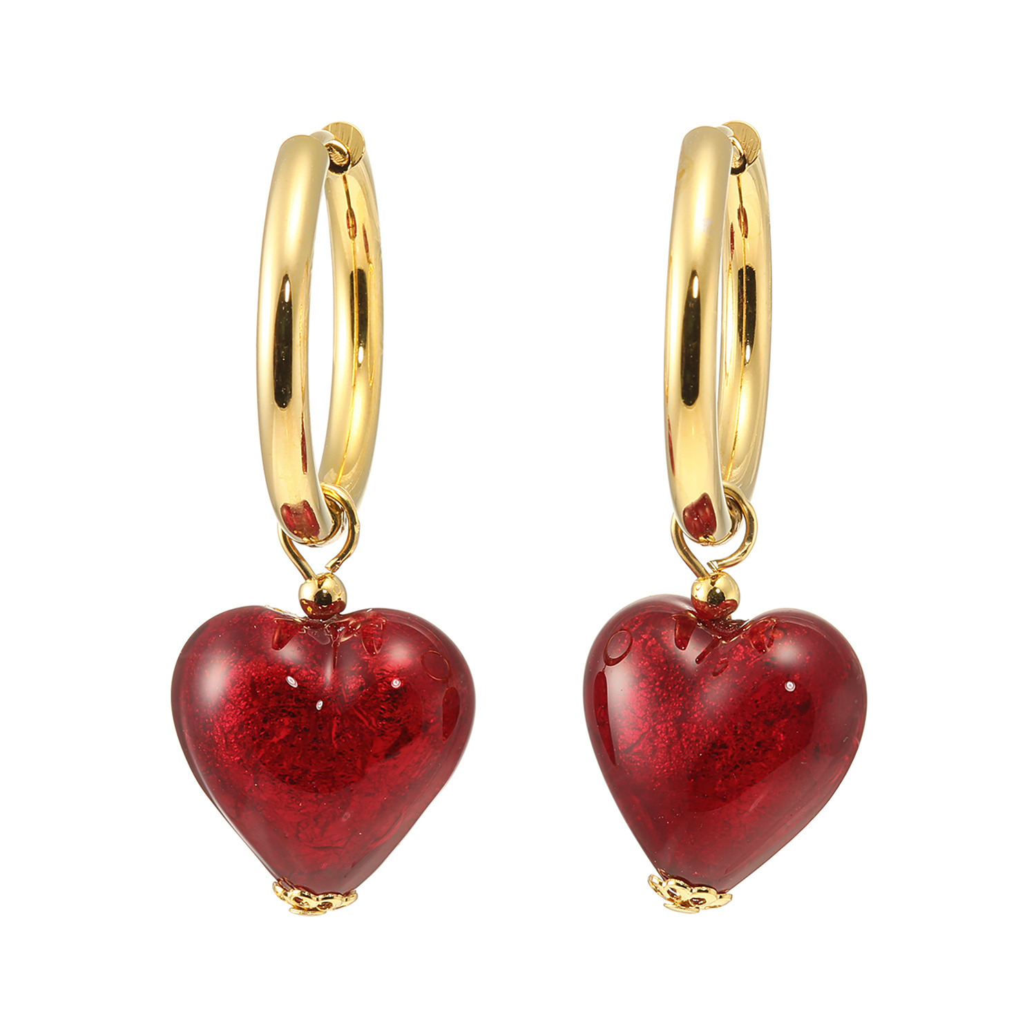 ラグーナ ステンレス ベネチアンガラス ハートチャーム付 フープイヤリング／ピアス 