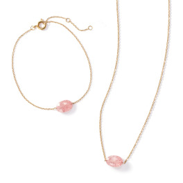 アビステ ステンレス ストロベリークォーツ オーバルネックレス＆ ブレスレットセット