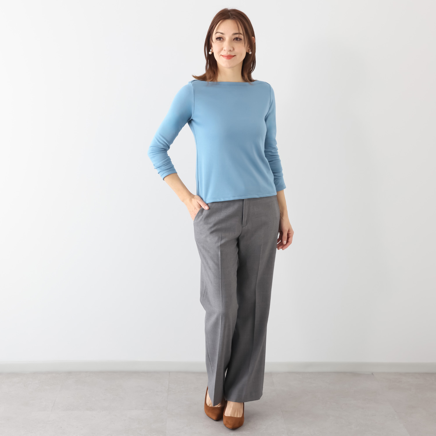 ココンライフ　ドゥ 綿・キュプラ混 “ペアクール”スムース ボートネックプルオーバー