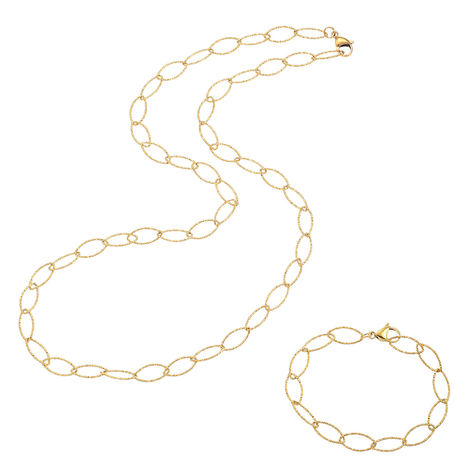 デルークス ステンレス オーバルカットチェーン ロングネックレス＆ ブレスレットセット