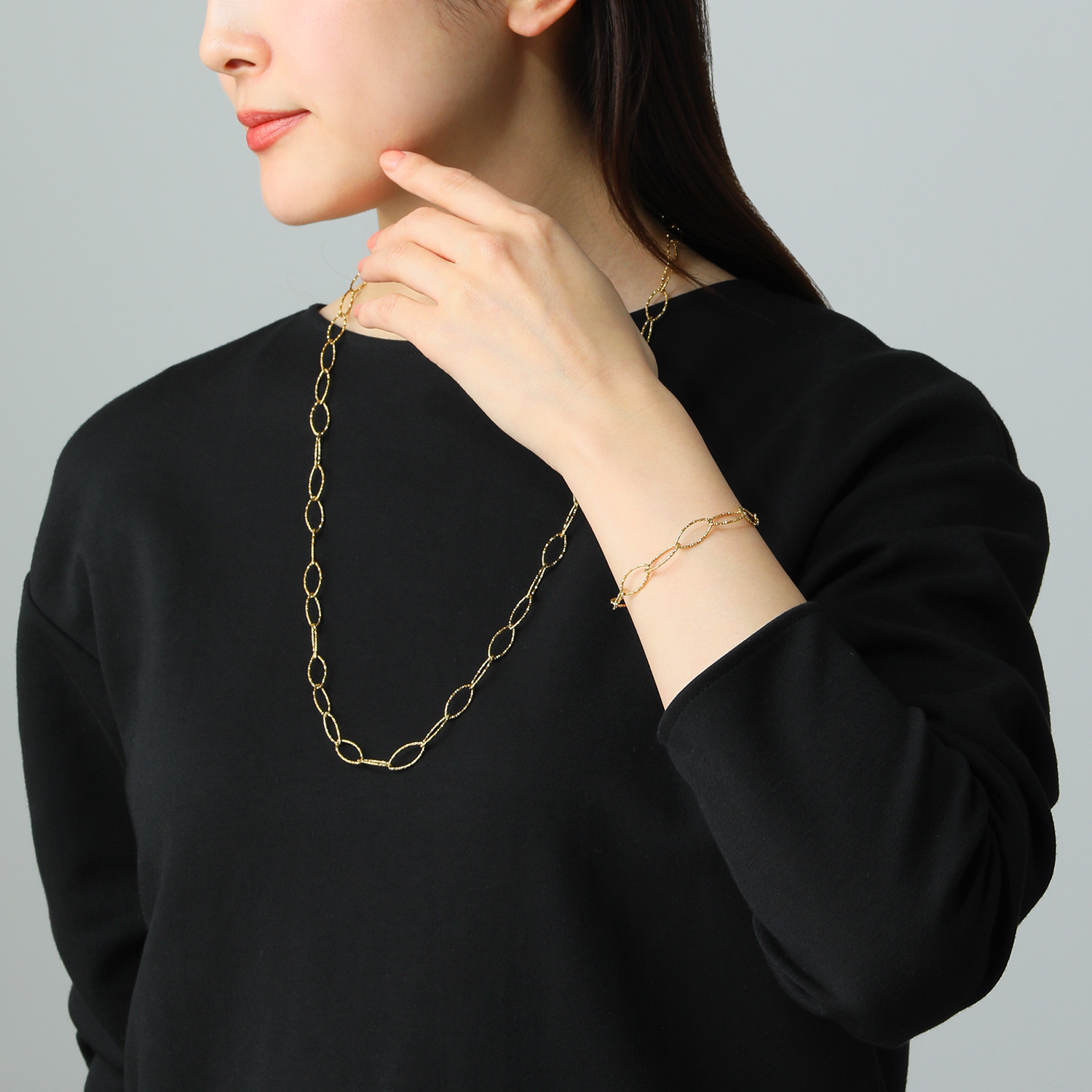 デルークス ステンレス オーバルカットチェーン ロングネックレス＆ ブレスレットセット