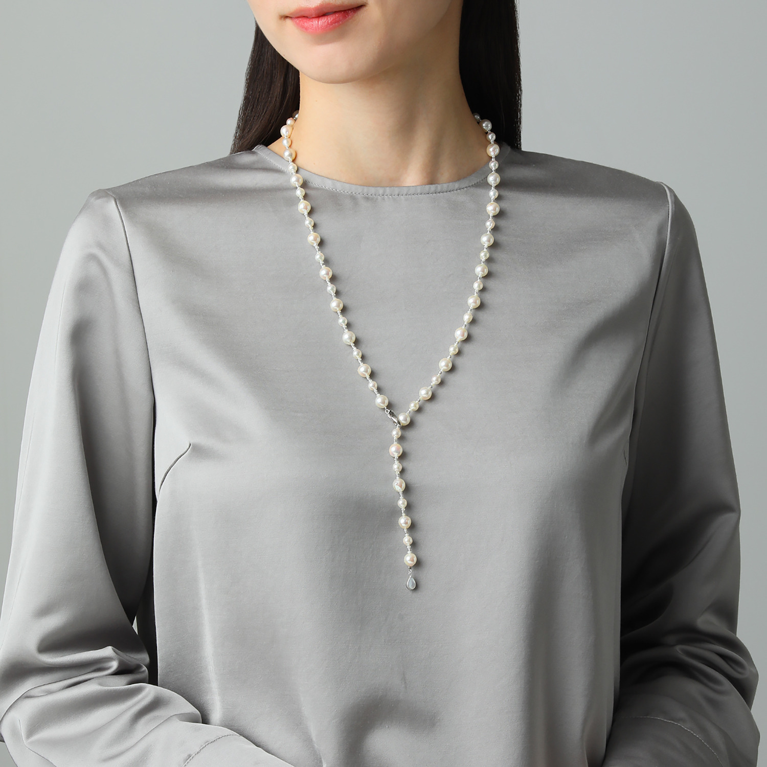 ゆきほたる １８Ｋホワイトゴールド＆ シルバー 長崎県対馬産 無調色越物アコヤパール ロングネックレス