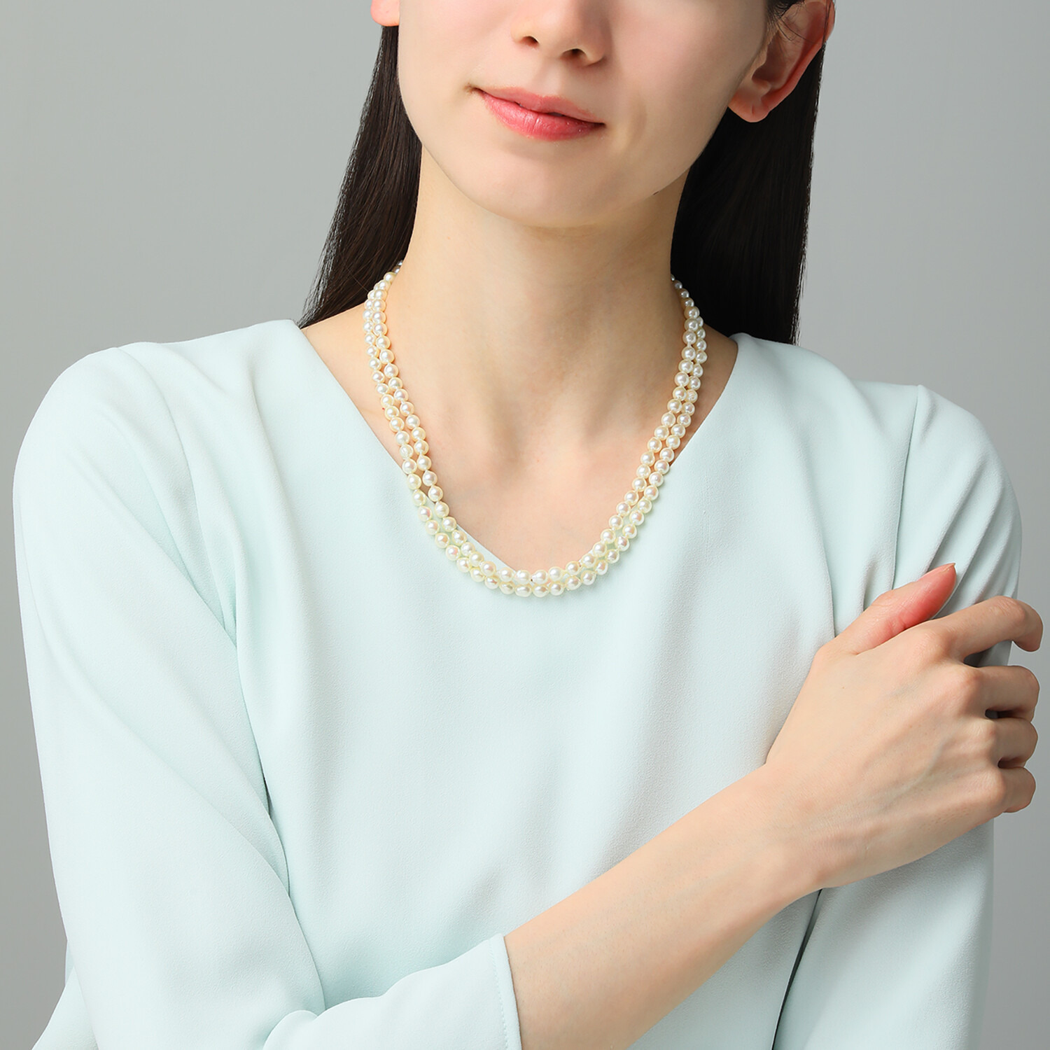 ゆきほたる シルバー 長崎県対馬産 無調色越物アコヤパール ネジネジ２連 ネックレス