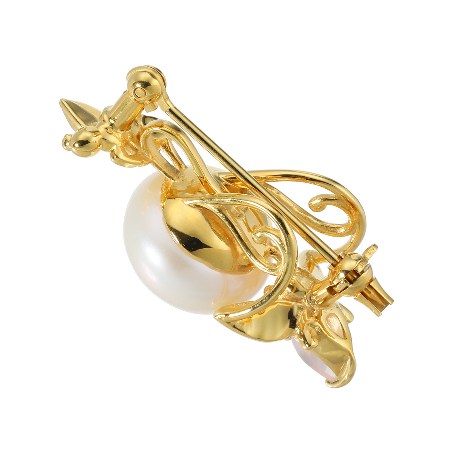 岩崎美智子コレクション シルバー 大粒淡水パール＆ ジェムストーン 蜂モティーフ ペンダントブローチ