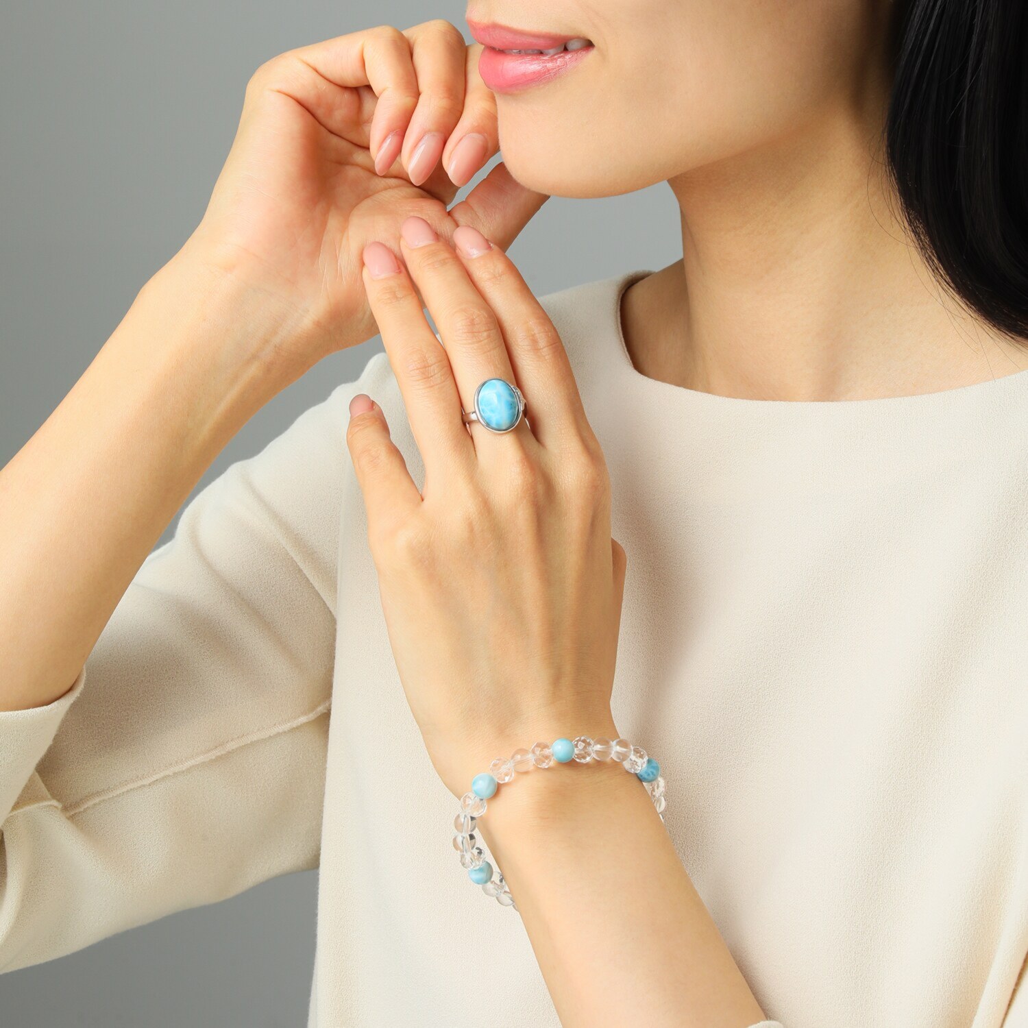 岩崎美智子コレクション シルバー ８カラットＵＰ ラリマール オーバルカボション リング