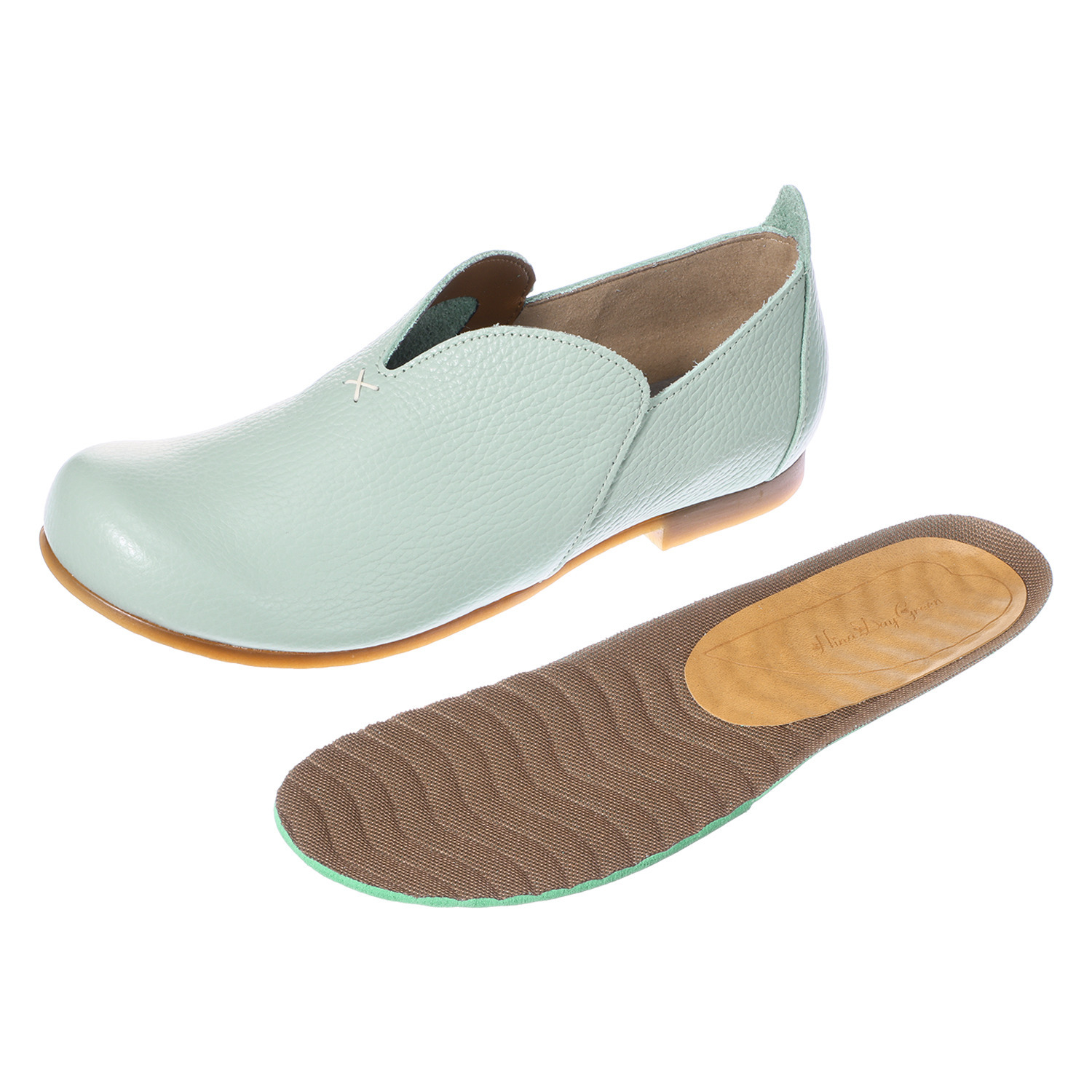 ヒナ　デイグリーン 日本製 はっ水姫路レザー 上質素材が足をつつむ オブリークトゥシューズ