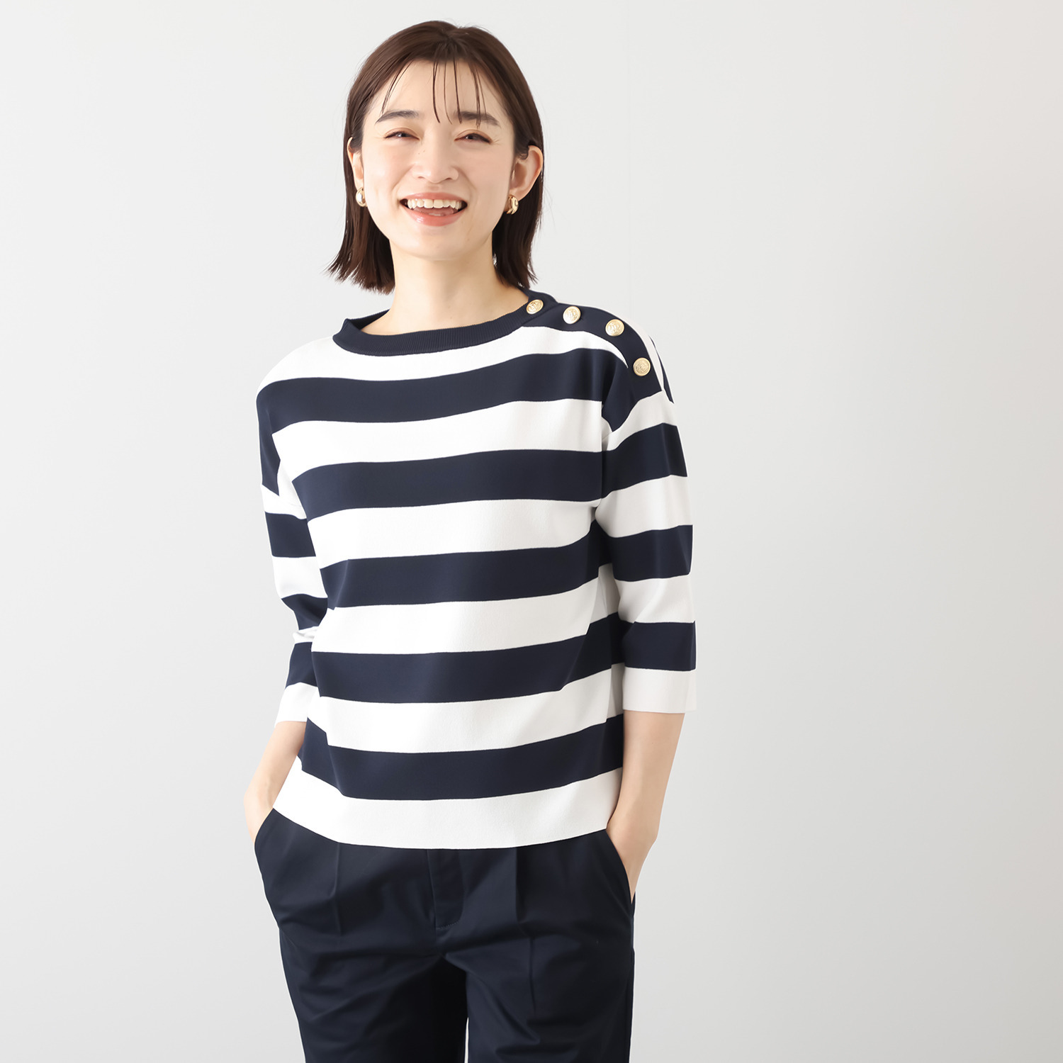 モカサン　ジュンコシマダ レーヨンナイロン 配色ボーダー ニットプルオーバー