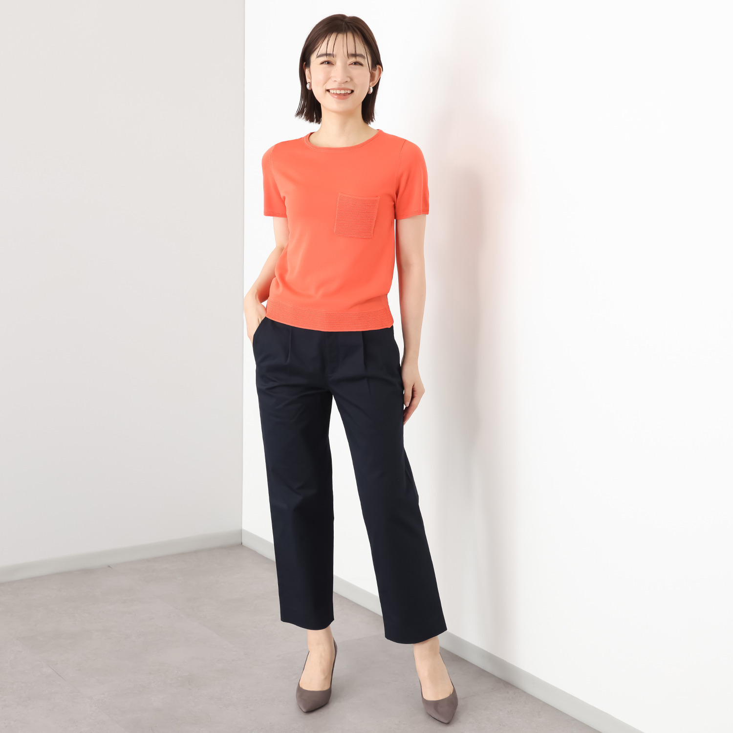 モカサン　ジュンコシマダ レーヨンナイロン 胸ポケット付 半袖ニットプルオーバー