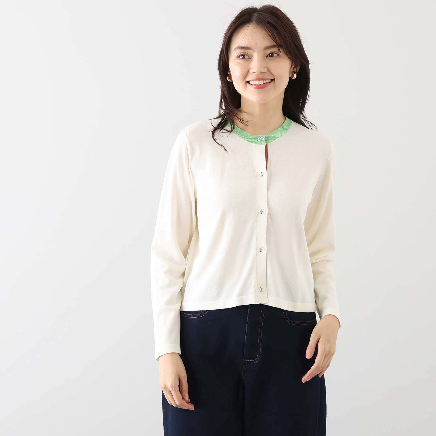 エムジェイアール　バイ マチコ　ジント　ロンドン 配色アクセント ビジュウボタン ドライタッチカーディガン