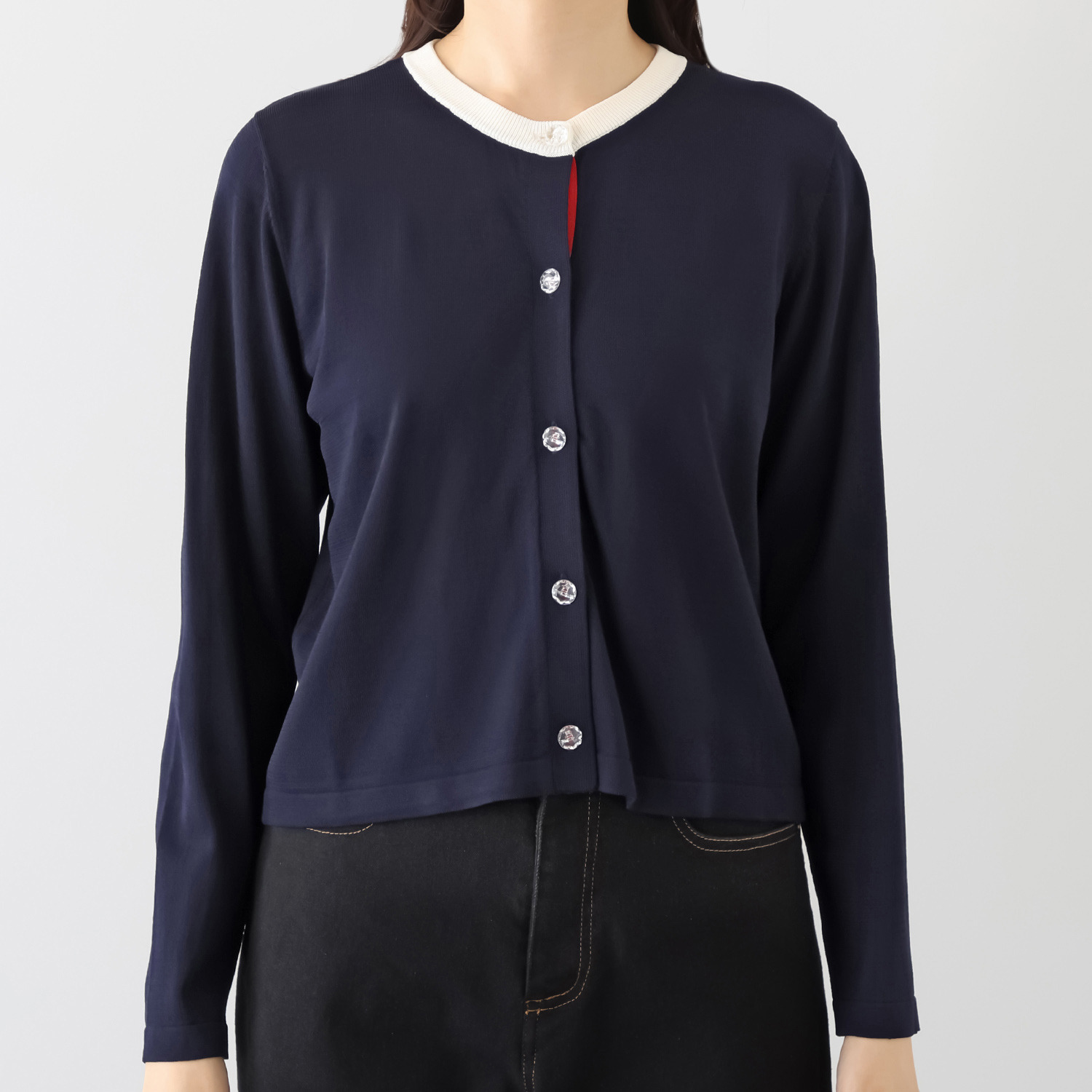 エムジェイアール　バイ マチコ　ジント　ロンドン 配色アクセント ビジュウボタン ドライタッチカーディガン