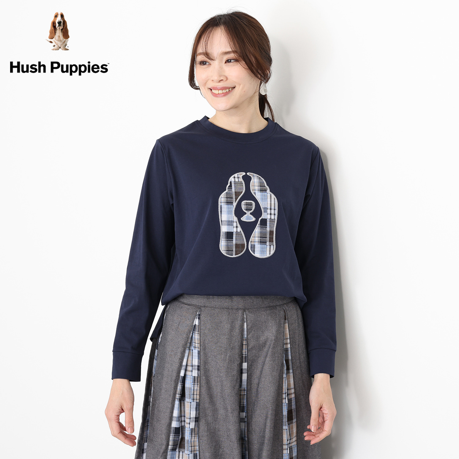 ハッシュパピー ドッグアイコン アップリケ刺しゅう ロングＴシャツ