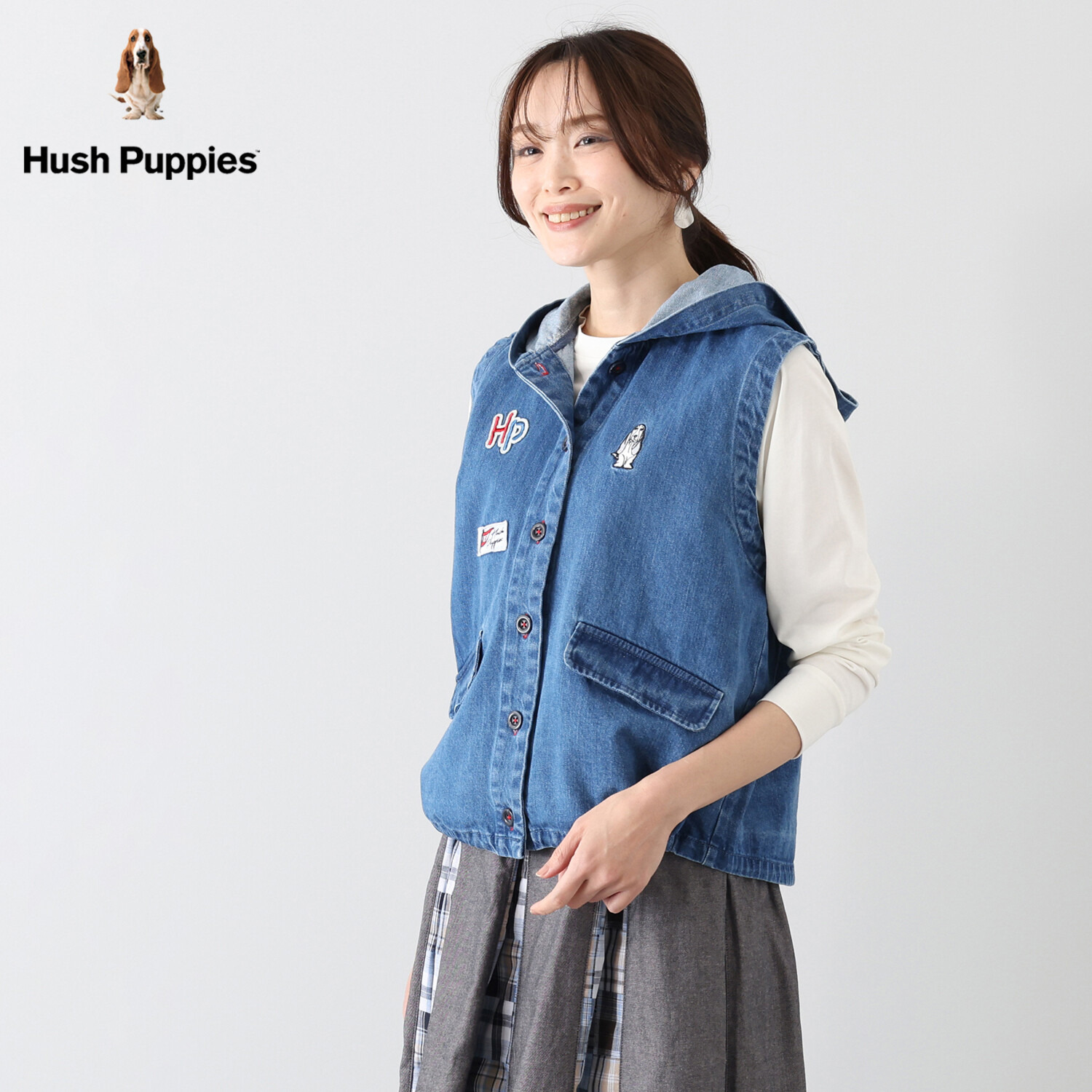 ハッシュパピー ワッペン付 デニムパーカーベスト