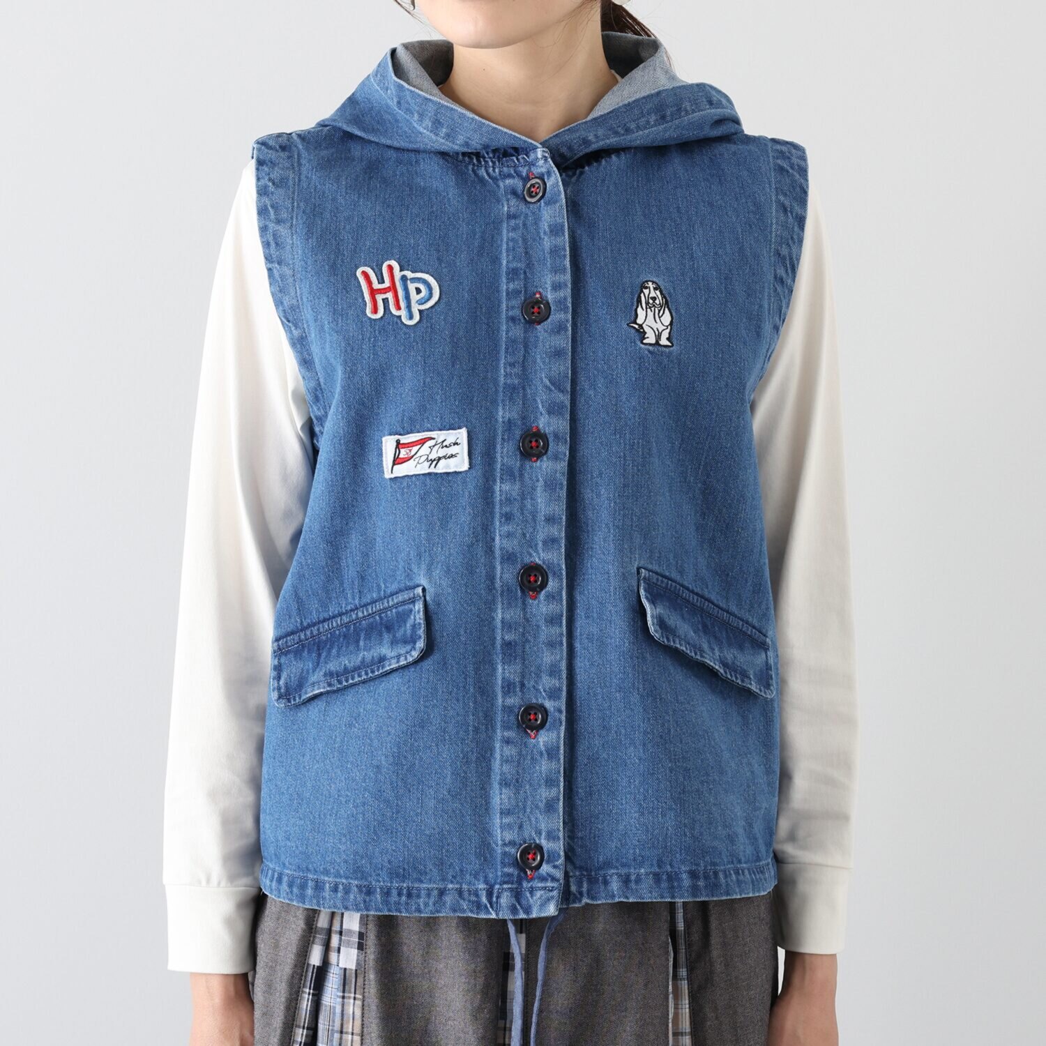ハッシュパピー ワッペン付 デニムパーカーベスト