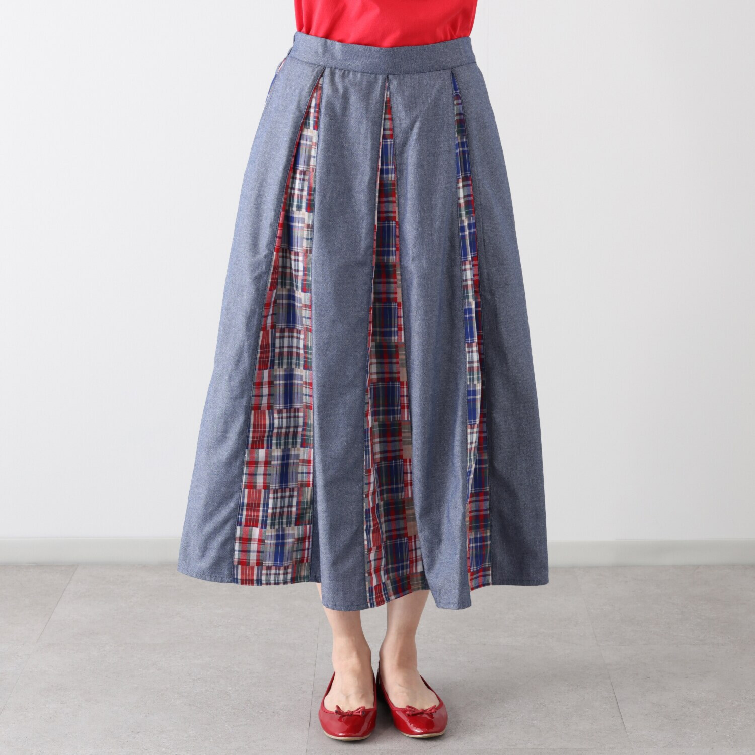 ハッシュパピー パッチワーク切替 プリーツスカート