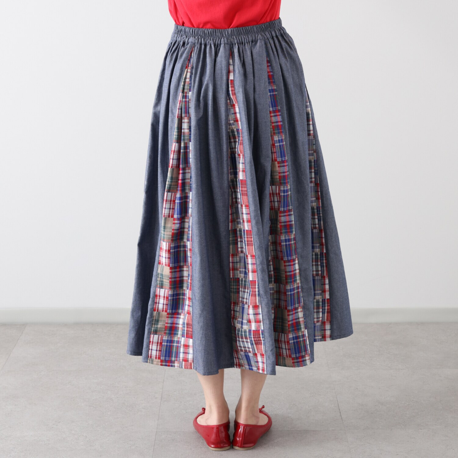 ハッシュパピー パッチワーク切替 プリーツスカート