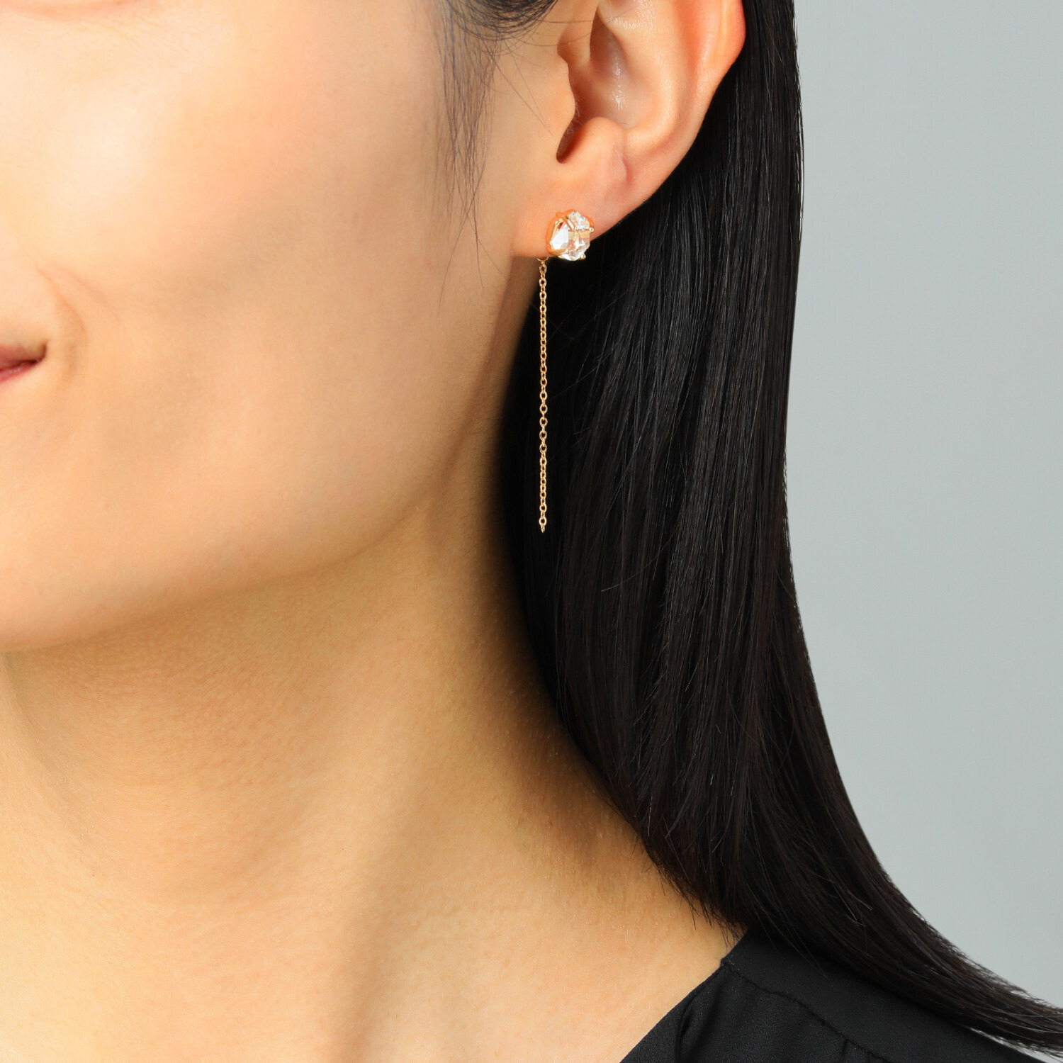 ハーキマーダイヤモンド ８ｍｍＵＰ ロッククリスタルクォーツ スタッド＆ スウィングチェーン ２ウェイピアス