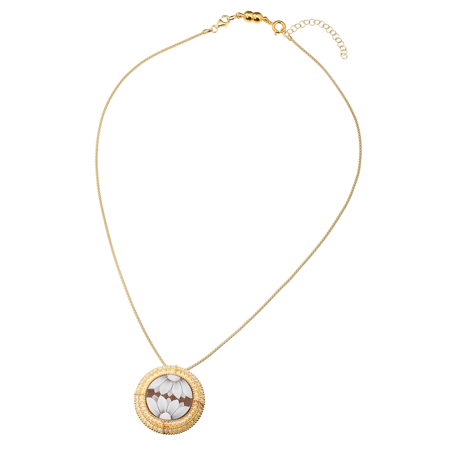 珠里 シルバー シェルカメオ＆ 淡水パール フラワーモティーフ ペンダント