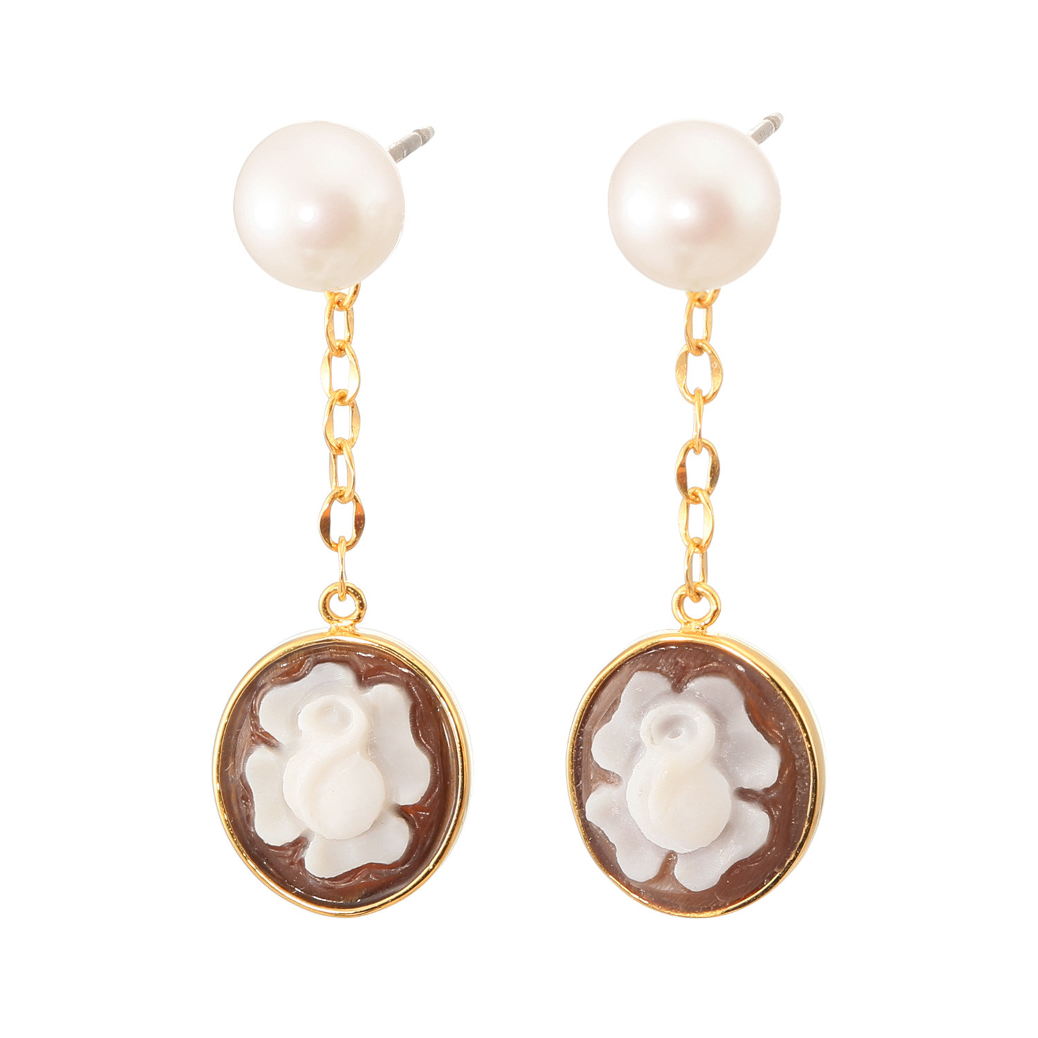 珠里 シルバー シェルカメオ＆ アコヤパール フラワーモティーフ ピアス