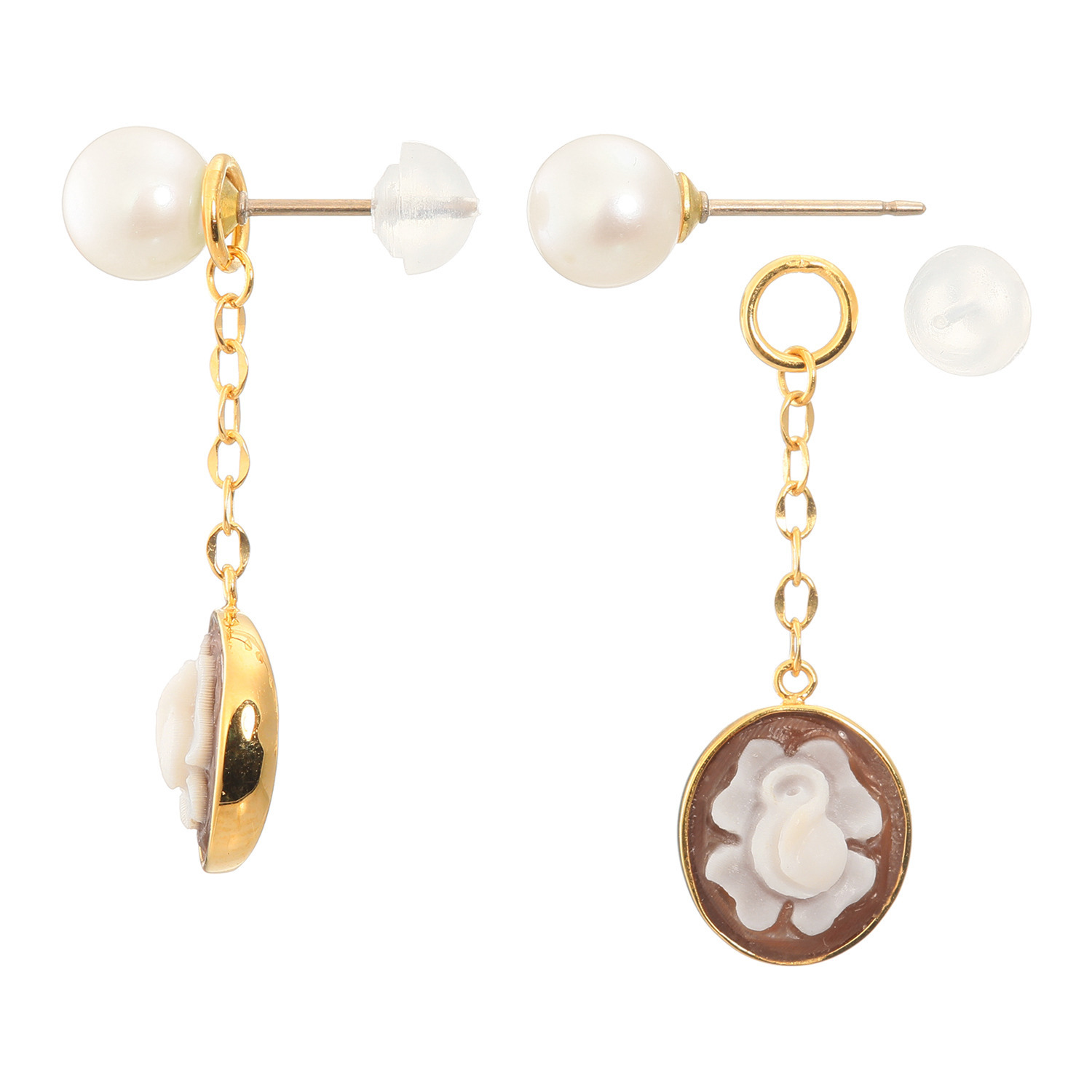 珠里 シルバー シェルカメオ＆ アコヤパール フラワーモティーフ ピアス